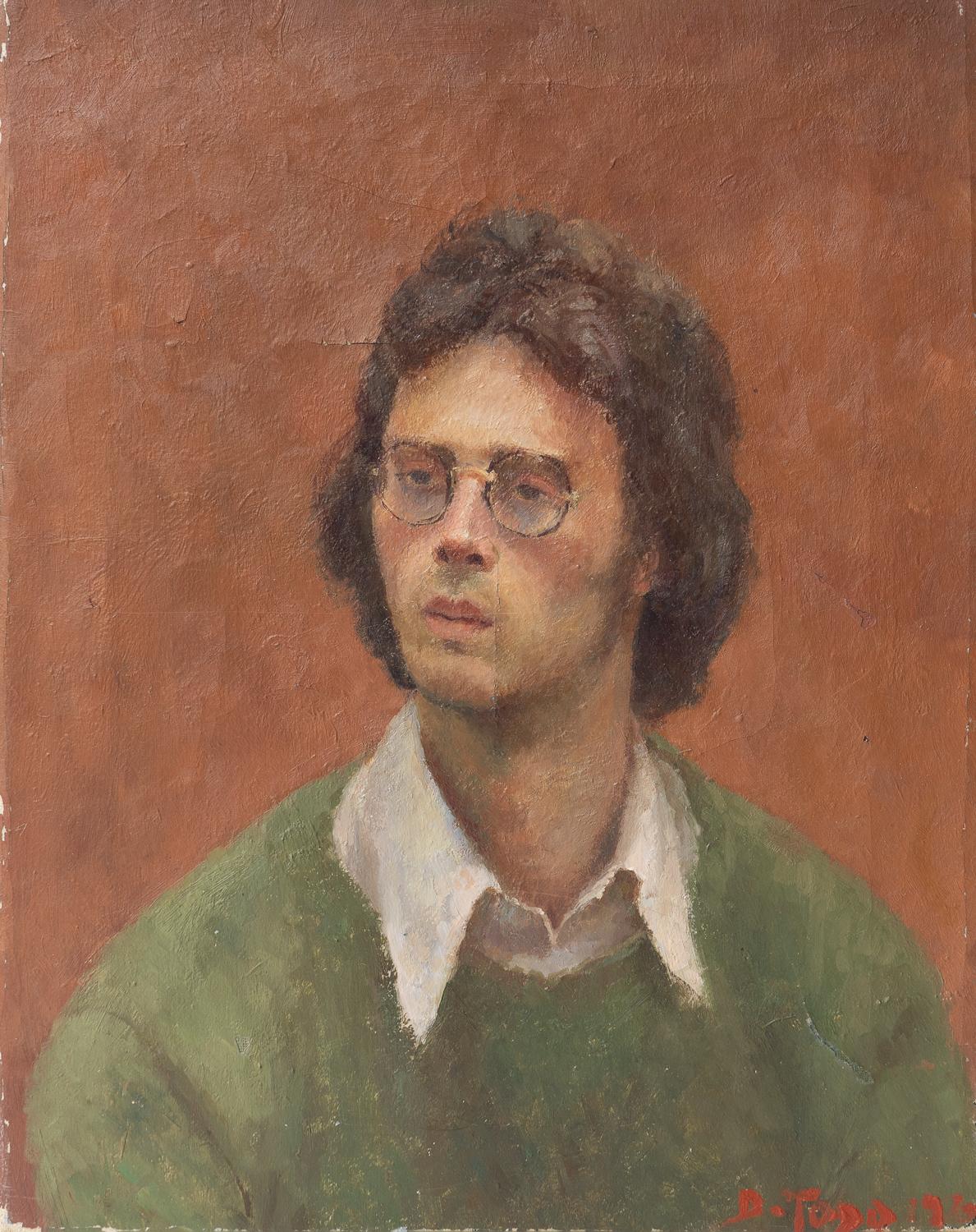 ANTIQUE ORIGINAL OIL ON CANVAS PAINTING

Depicting a young man in glasses with a thoughtful look in his eye.  Dressed with an unmistakable 1970s collar and hairstyle. 

Sensitively painted with great skill.

Signed to the lower right ‘D. Todd’ and