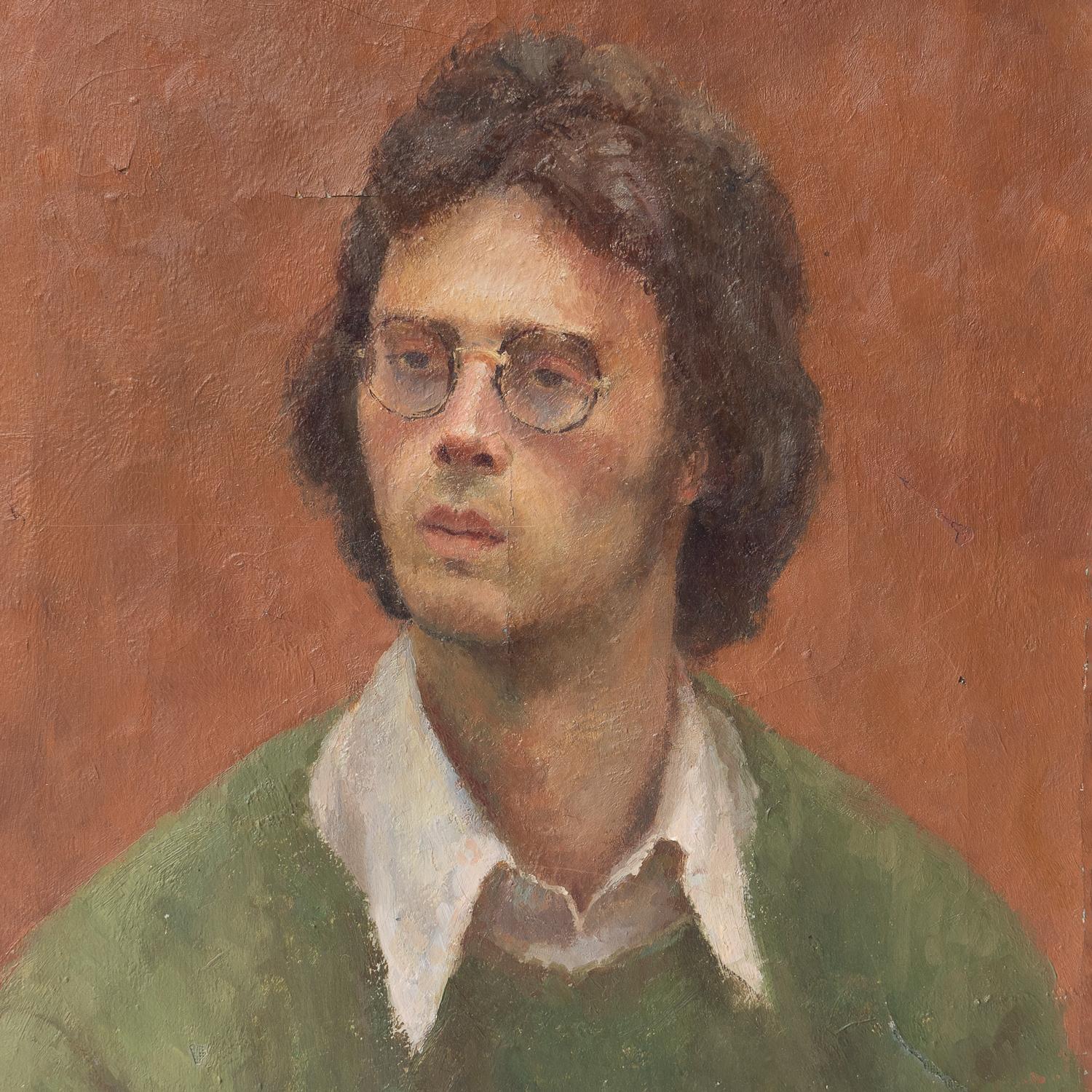 English Portrait Of A Man In Glasses, Original Vintage Oil Painting, British 1970s
