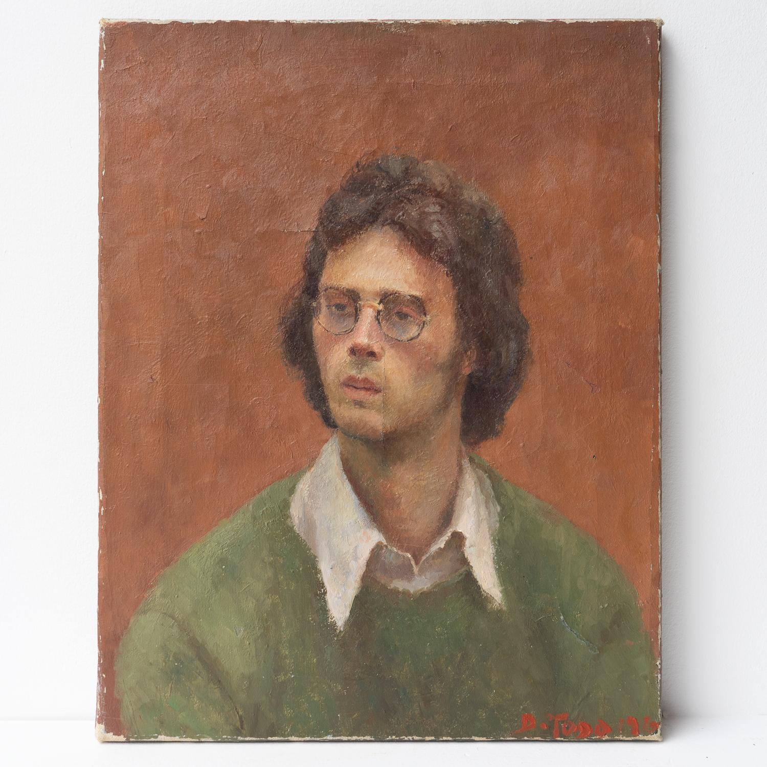 Hand-Painted Portrait Of A Man In Glasses, Original Vintage Oil Painting, British 1970s