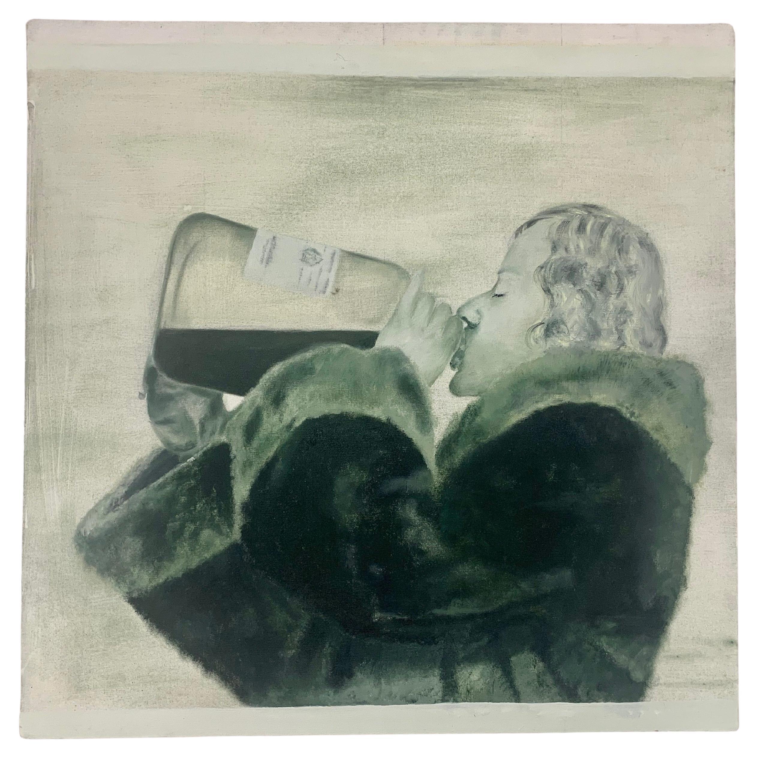 Unusal profile portrait of a man enjoying a hardy beverage on a cold day.
Artist unknown.