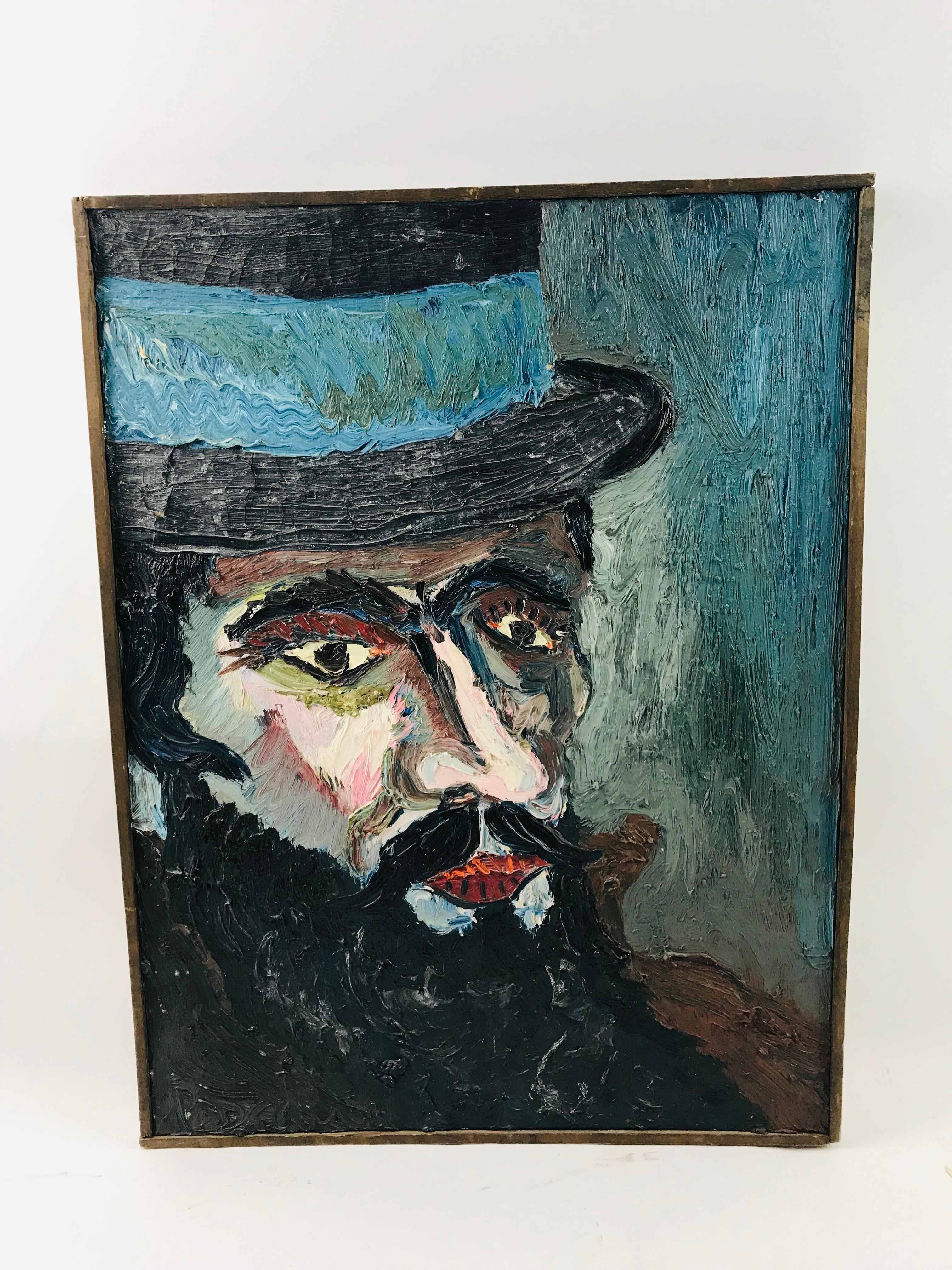 Striking portrait of a man is a hat by listed artist Peter Dean (1934-1993). Painted on canvas with heavy impasto and strong colors. Condition is very good.

Condition: Good condition, minimal wear to frame.

Dimensions:
Height - 25