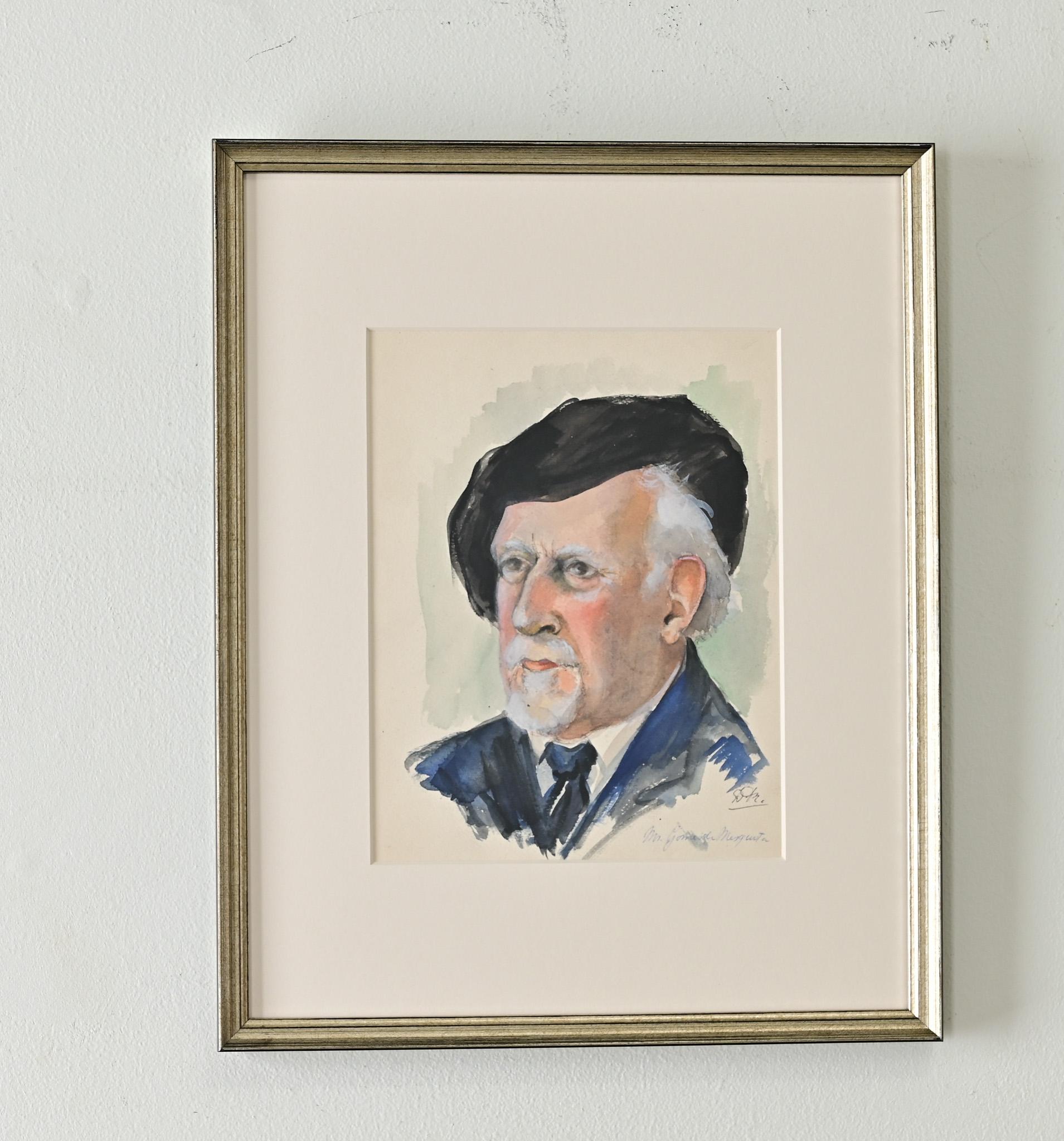 Retrato en acuarela francesa sobre papel de un distinguido caballero con boina. Firmado por el artista. Rodeado de cartón mate bajo cristal protector, con un nuevo marco dorado plateado y fijado con un alambre, este cuadro está listo para colgarlo