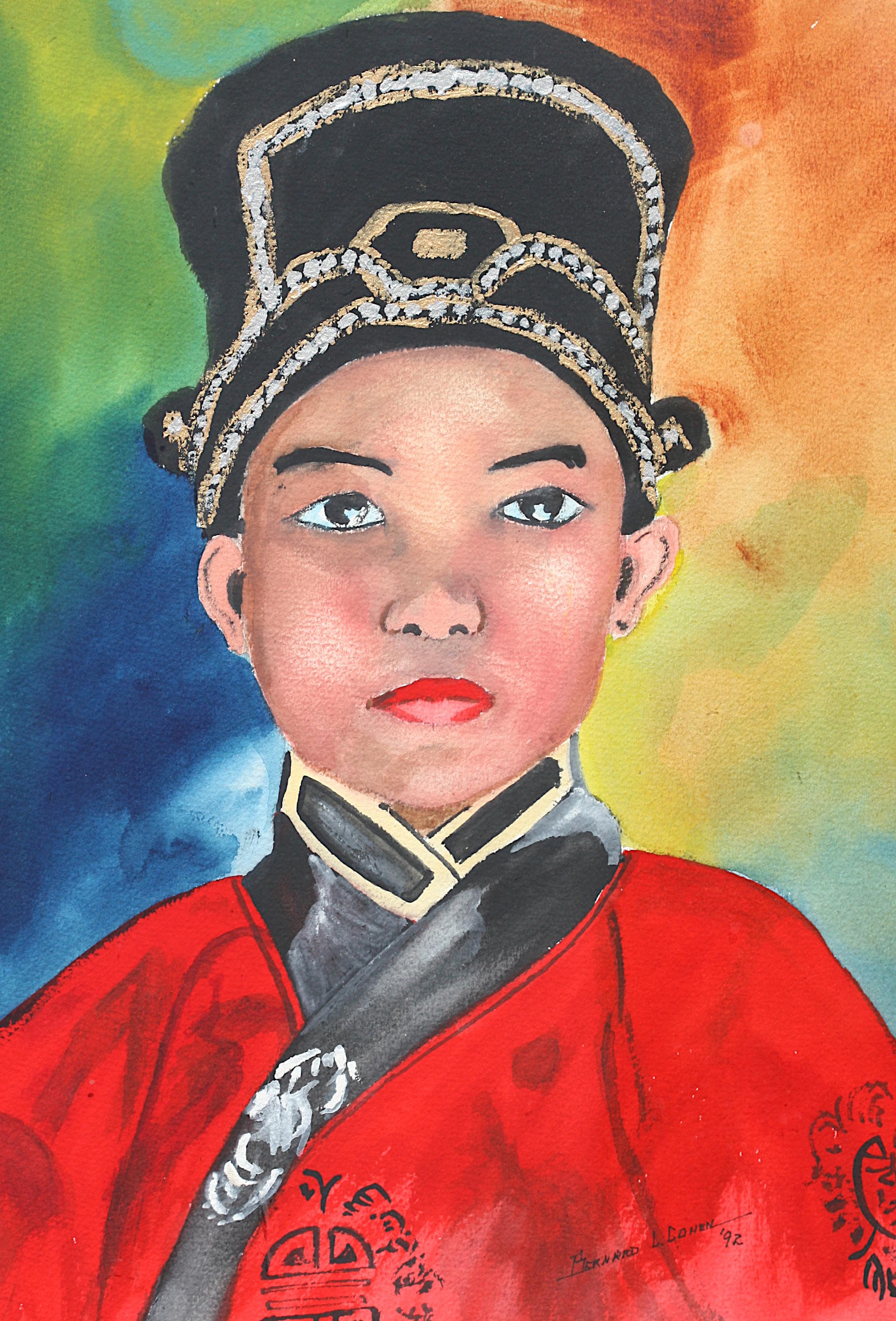 Portrait of a Mandarin Boy, Watercolor In Good Condition For Sale In West Palm Beach, FL