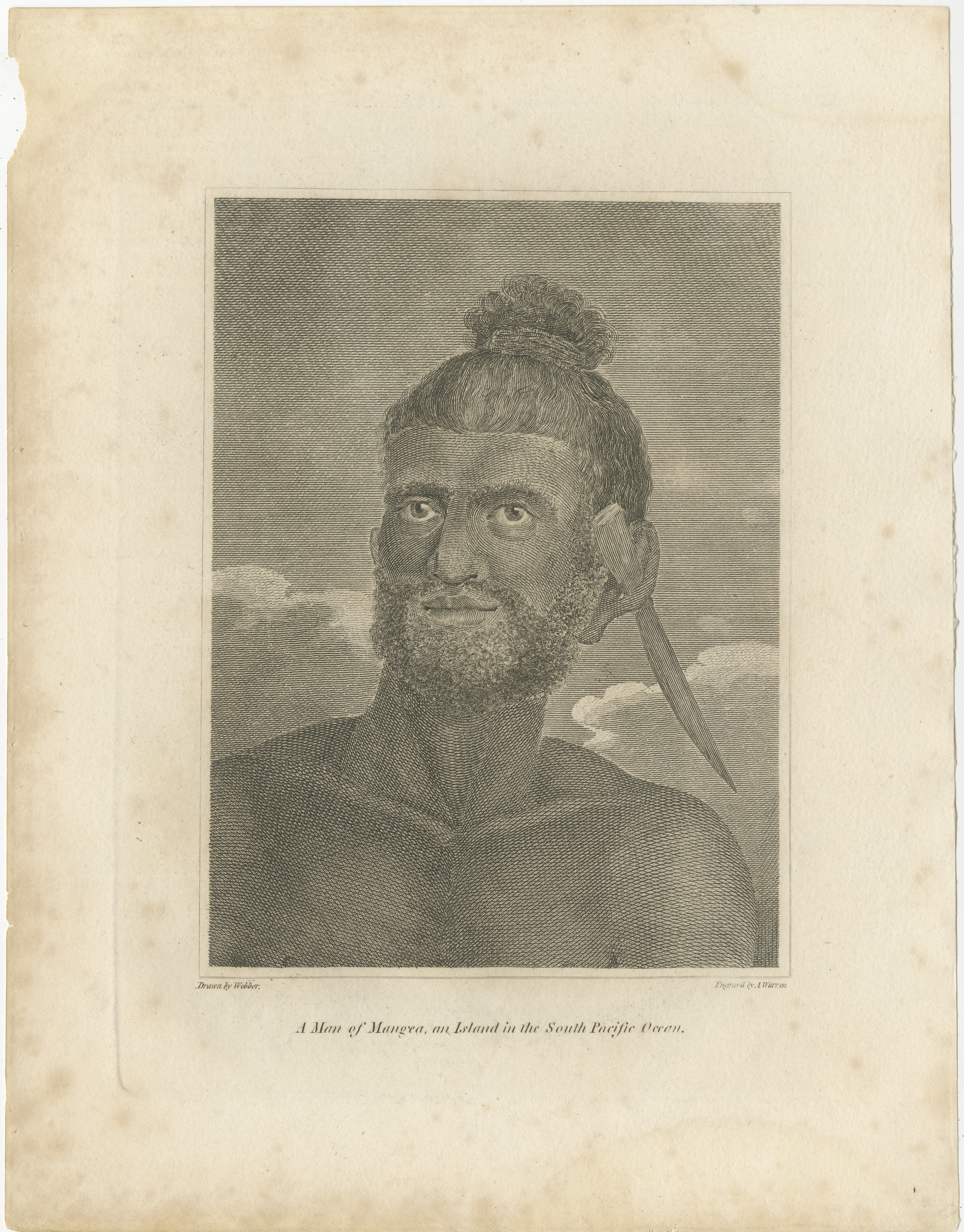 A head and shoulders frontal portrait of a man named by Cook as Mourua, of Mangaia, Cook Islands, visited by Cook in March 1777.

Title: 