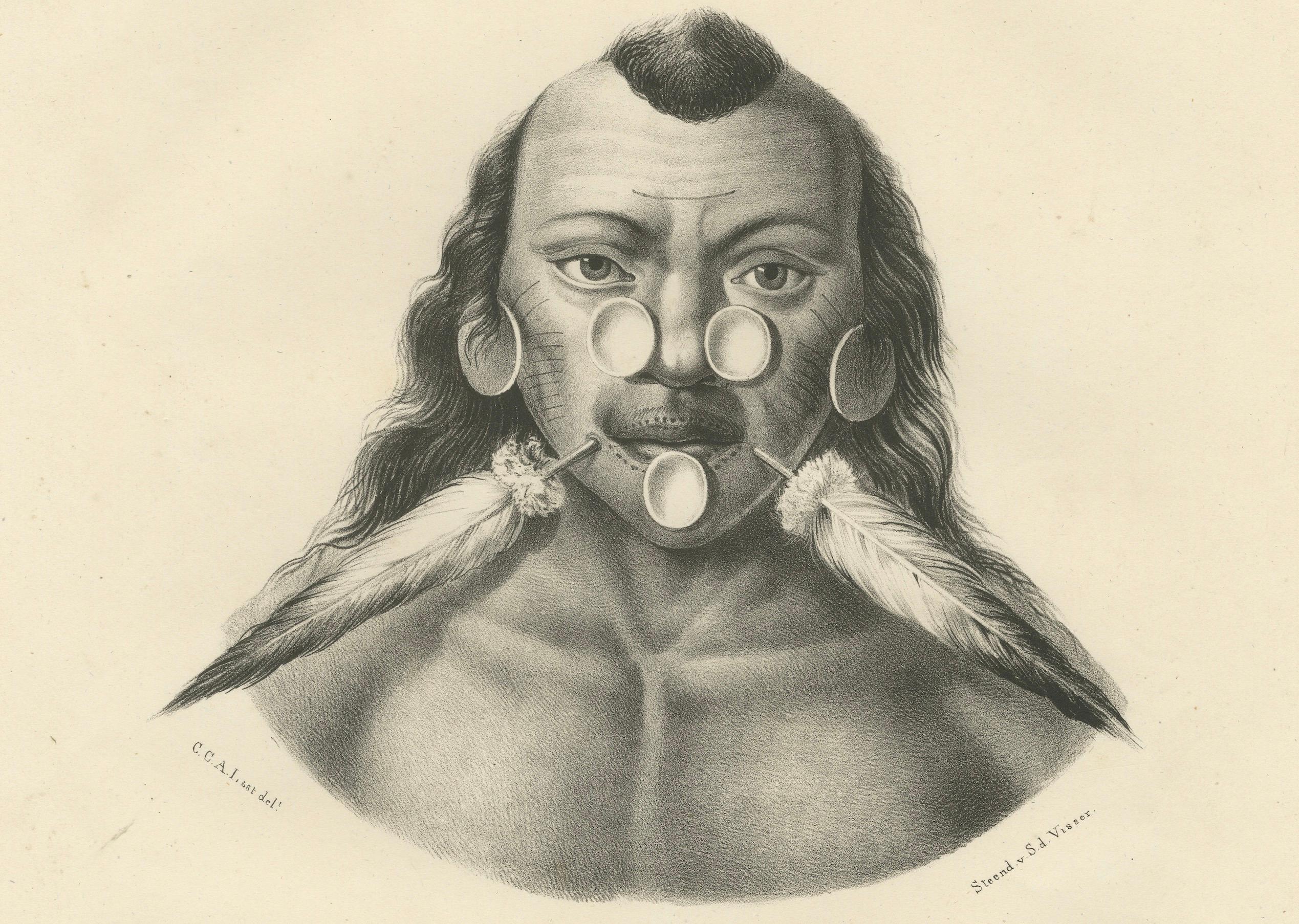 Diese von Karl Joseph Brodtmann geschaffene Lithografie stellt eine Person namens Maxuruna dar, die aufgrund ihres Schmucks und ihrer charakteristischen Merkmale einer indigenen Gruppe aus Südamerika anzugehören scheint. Der Druck zeigt Brodtmanns