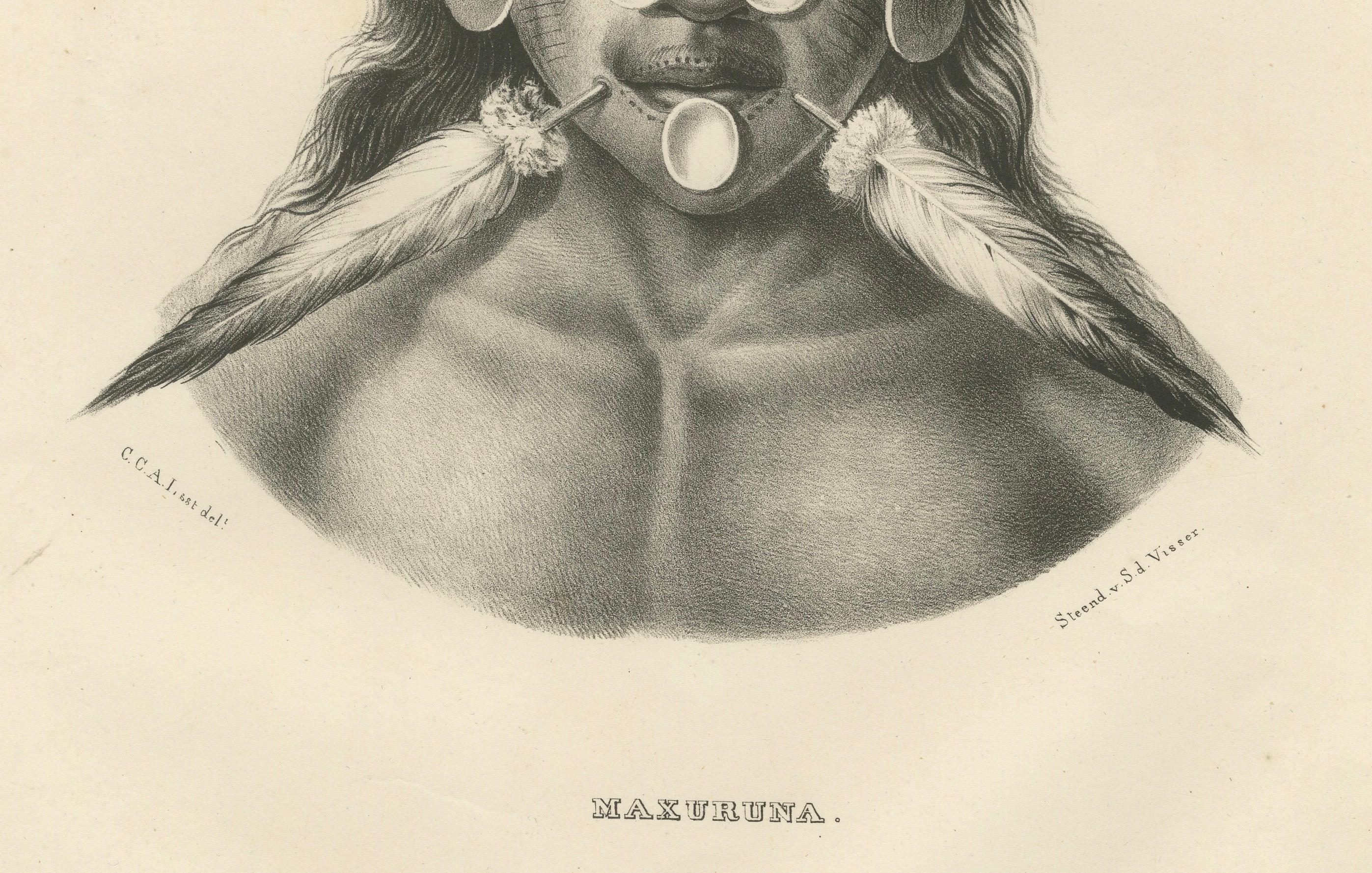 Porträt eines Mitglieds des Amazonas Stammes Maxuruna von Karl Joseph Brodtmann, 1836 im Zustand „Gut“ im Angebot in Langweer, NL