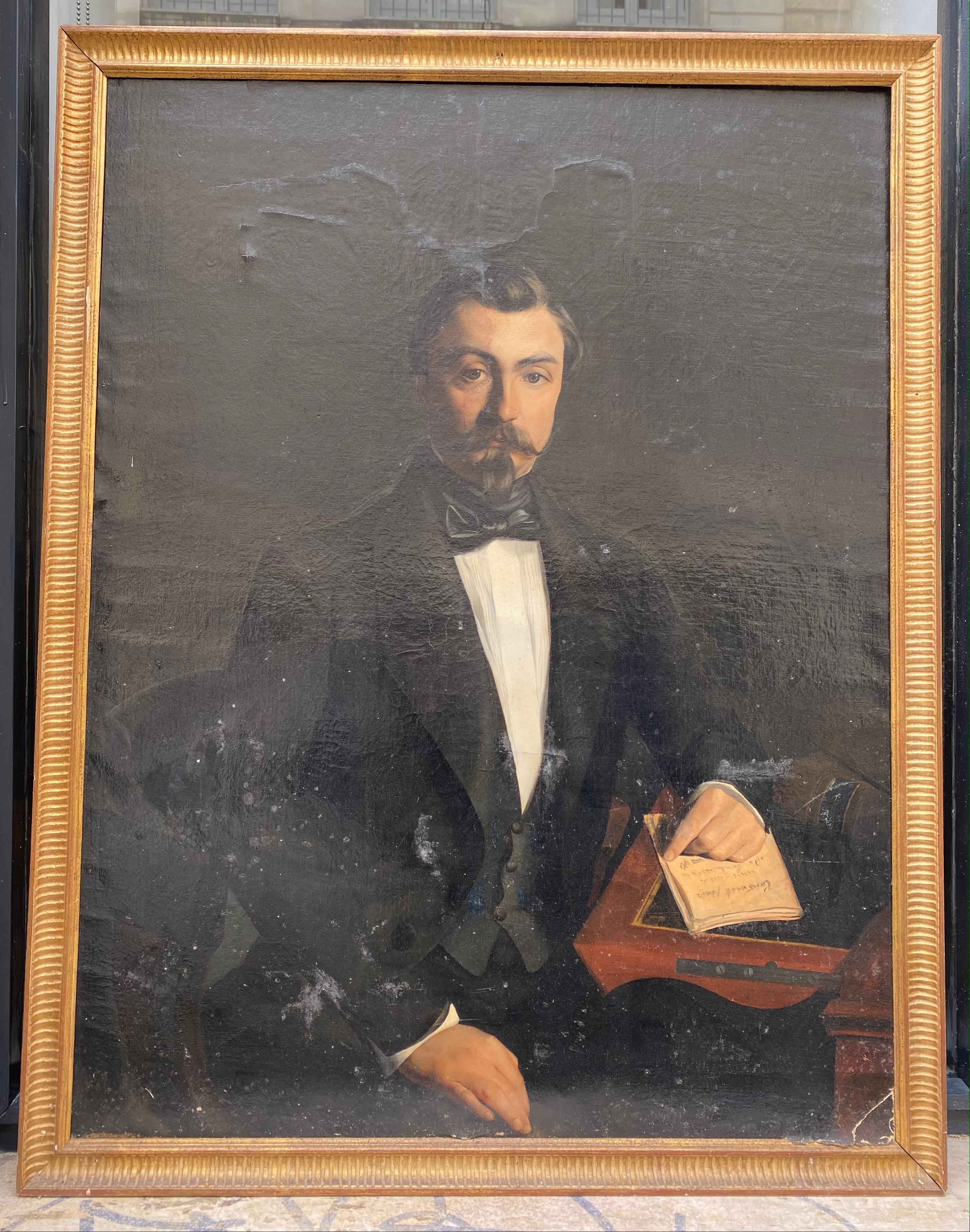 Portrait of a seated man in a suit. 
Very decorative portrait from french school.