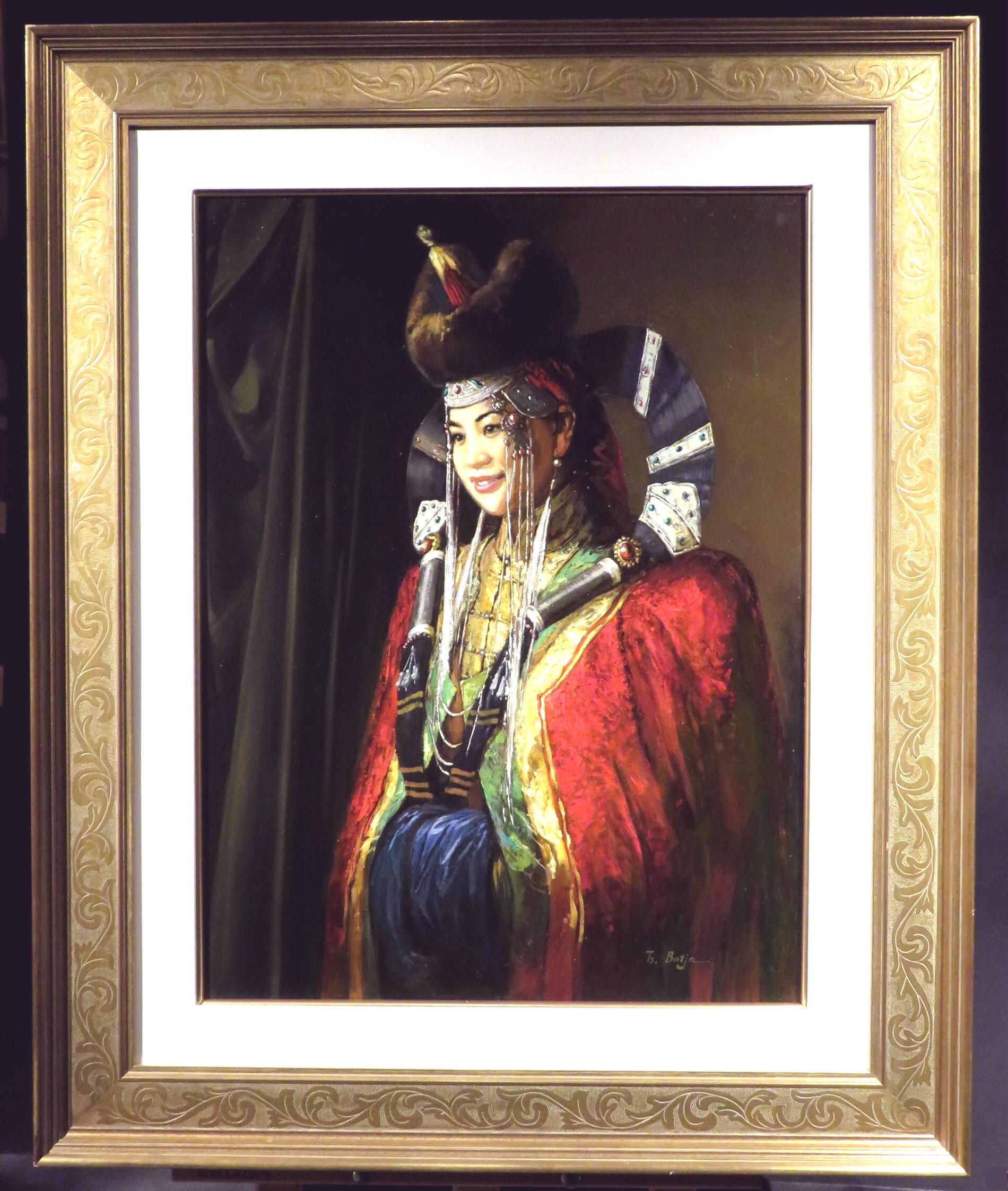 A finely painted portrait of a beautiful young woman attired in traditional wedding costume of the Great Khans. Executed with an almost jewel-like degree of detail & sharpness, signed bottom right and set behind a glass panel within a custom made