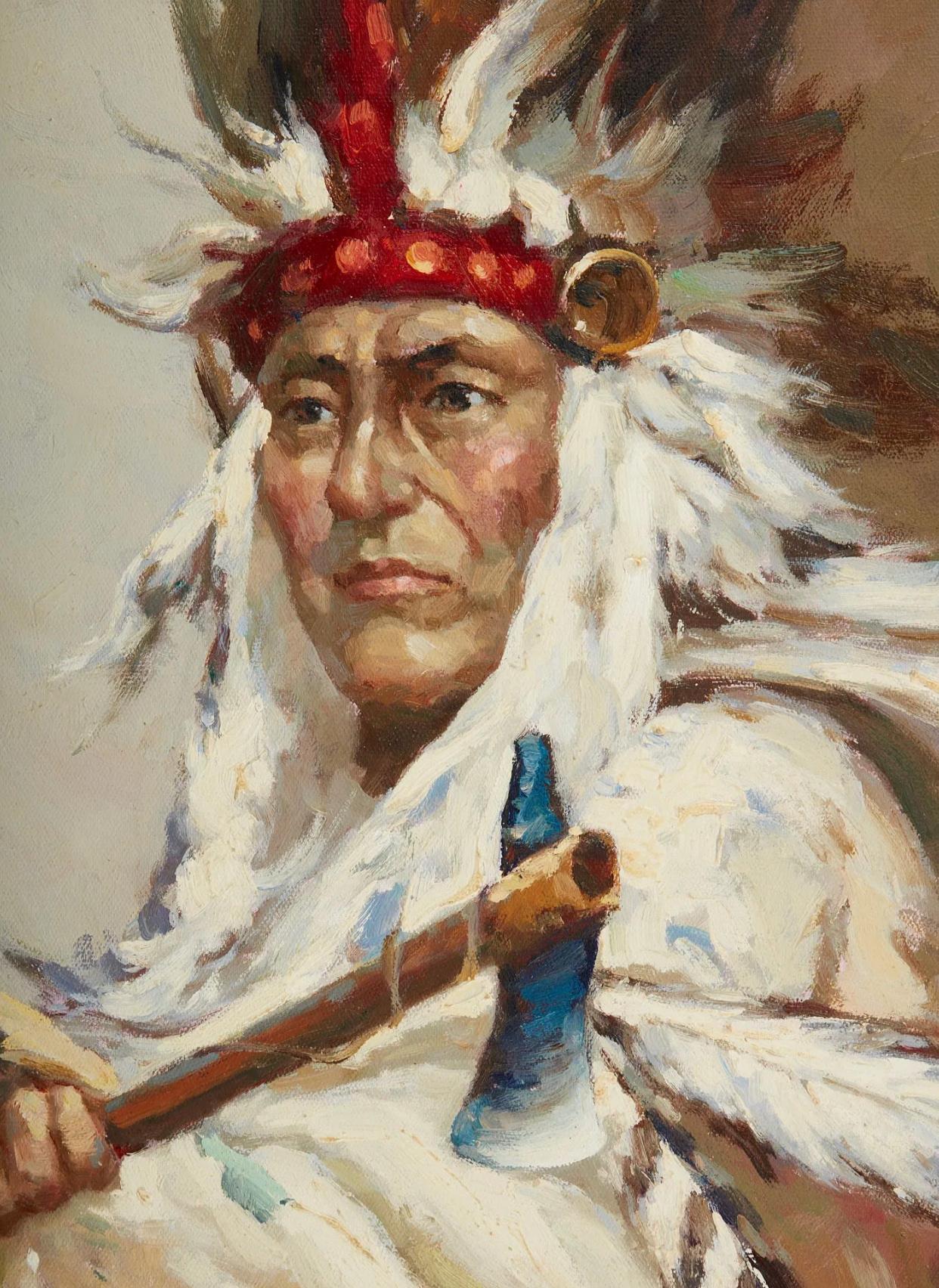 An oil on canvas portrait of a Native American figure wearing a feathered headdress and holding a tomahawk. In carved wood frame with rustic twig-style design. Unsigned.