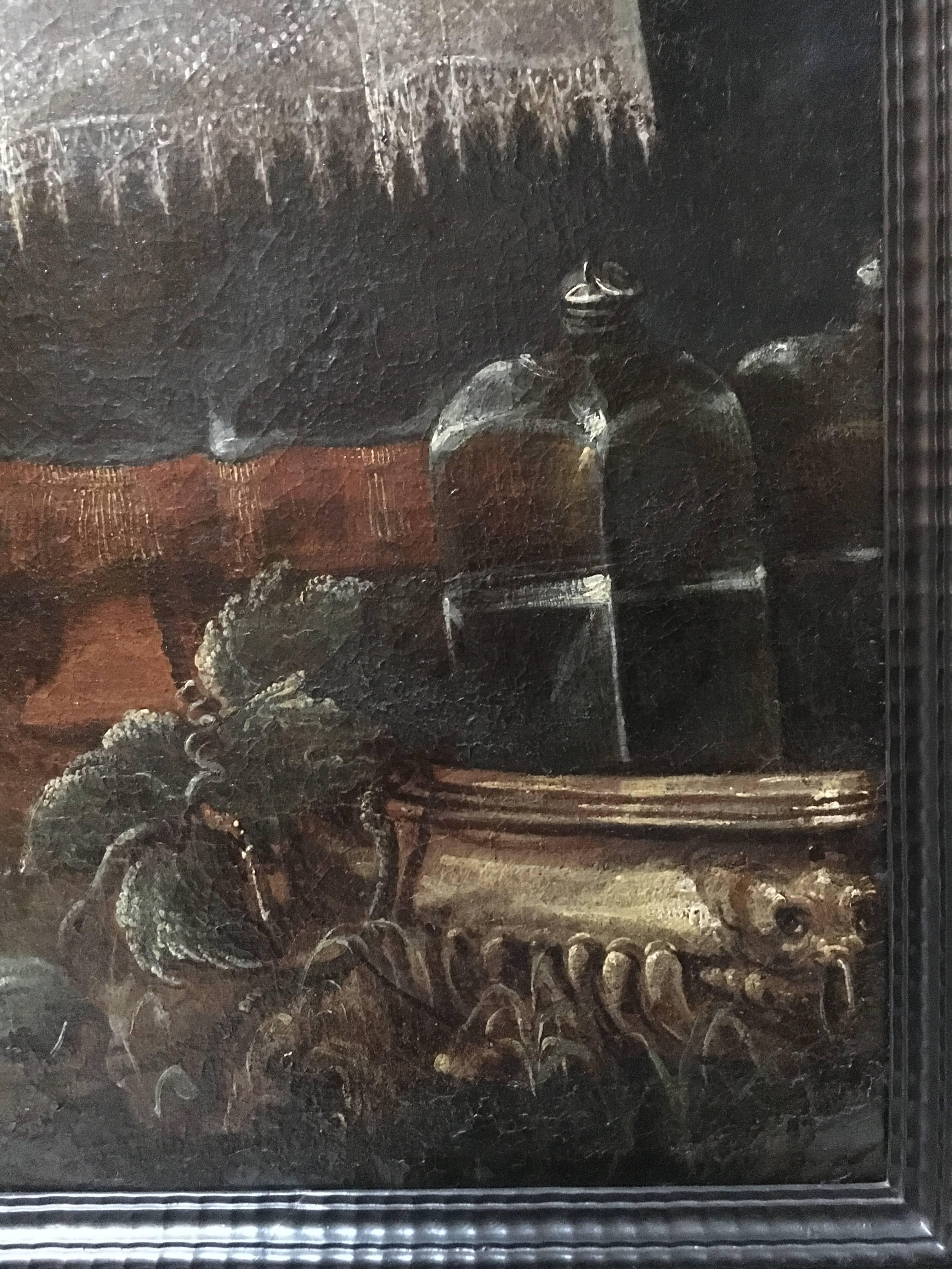 Portrait d'une famille noble dans le paysage
vers 1600
Au premier plan le noble avec sa famille et une table où apparaissent des viandes et des accessoires, montrant son ascendance. En arrière-plan, deux serviteurs de part et d'autre.
Huile sur