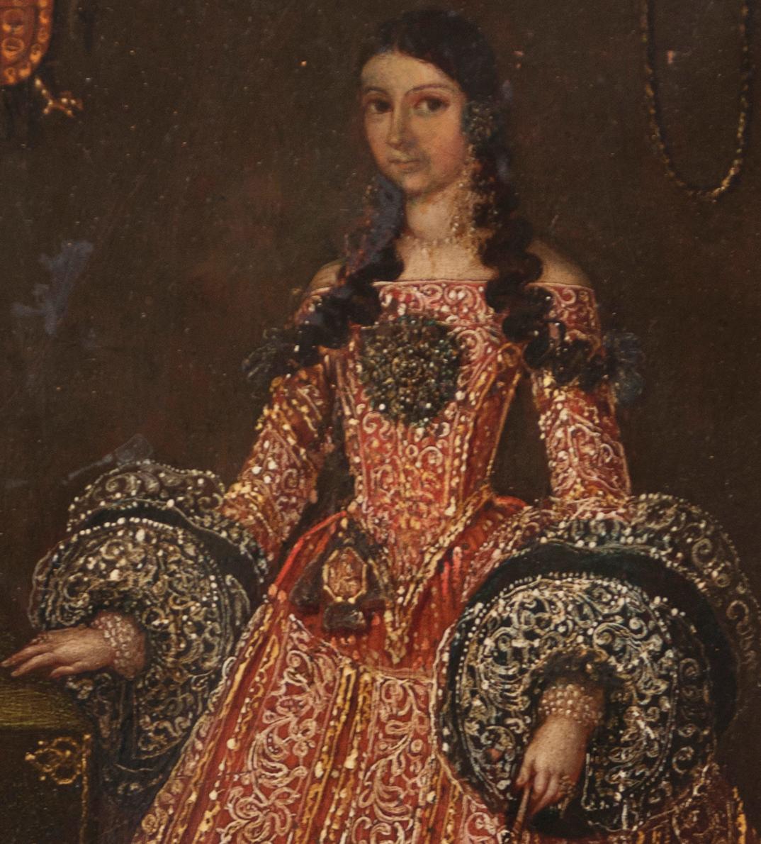 Although there are a fair number of 18th century portraits from the Mexican nobility, those dating from the 17th century are rather rare. The woman portrayed in the present painting may have been born in Spain or may have been a criolla born in