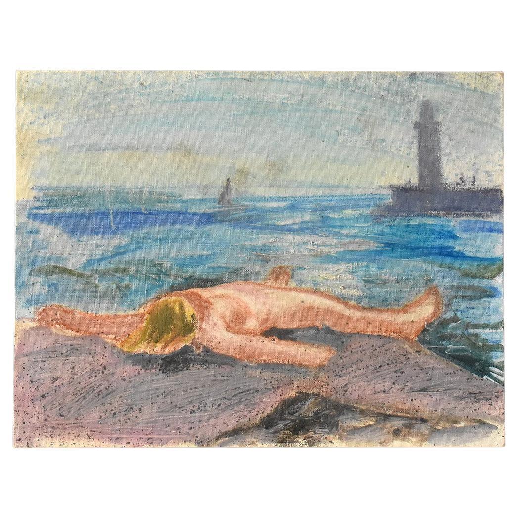 Portrait of a Nude Sunbather in the Cote D'Azur, Original 1960s Oil Painting