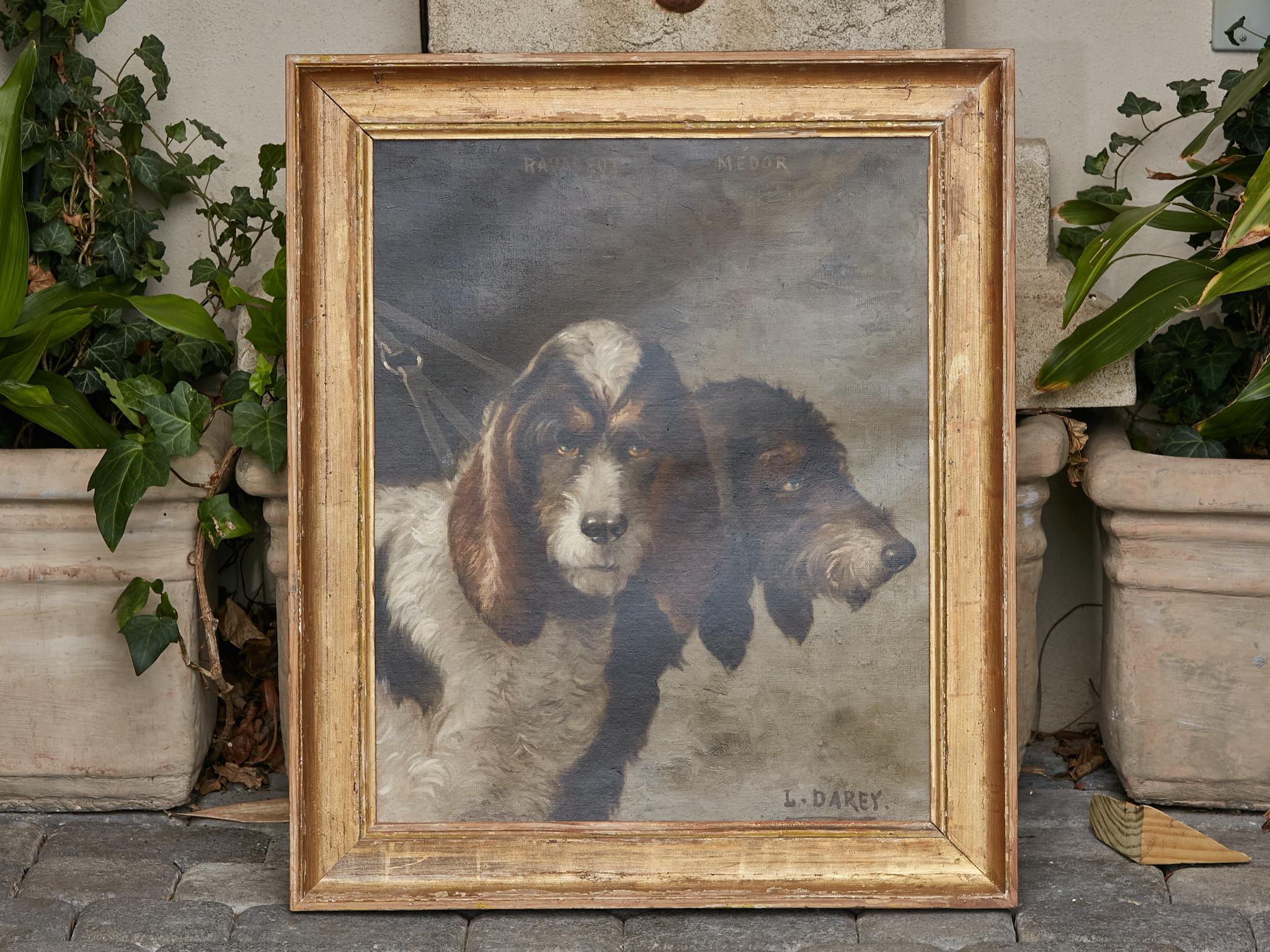 French Portrait of a Pair of Bassets Hunting Dogs by Louis Darey in Gilded Frame, 1880s