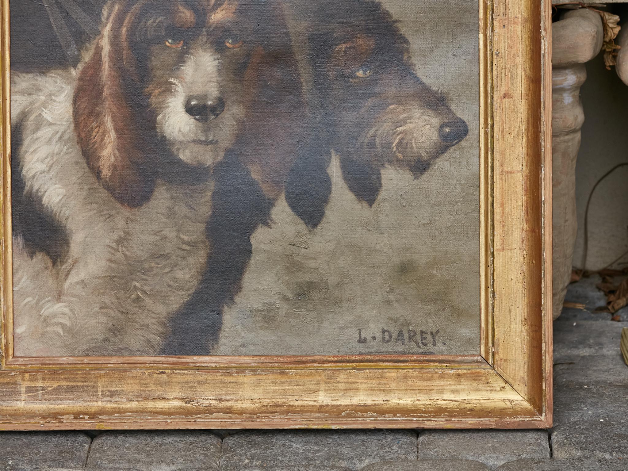 Gilt Portrait of a Pair of Bassets Hunting Dogs by Louis Darey in Gilded Frame, 1880s