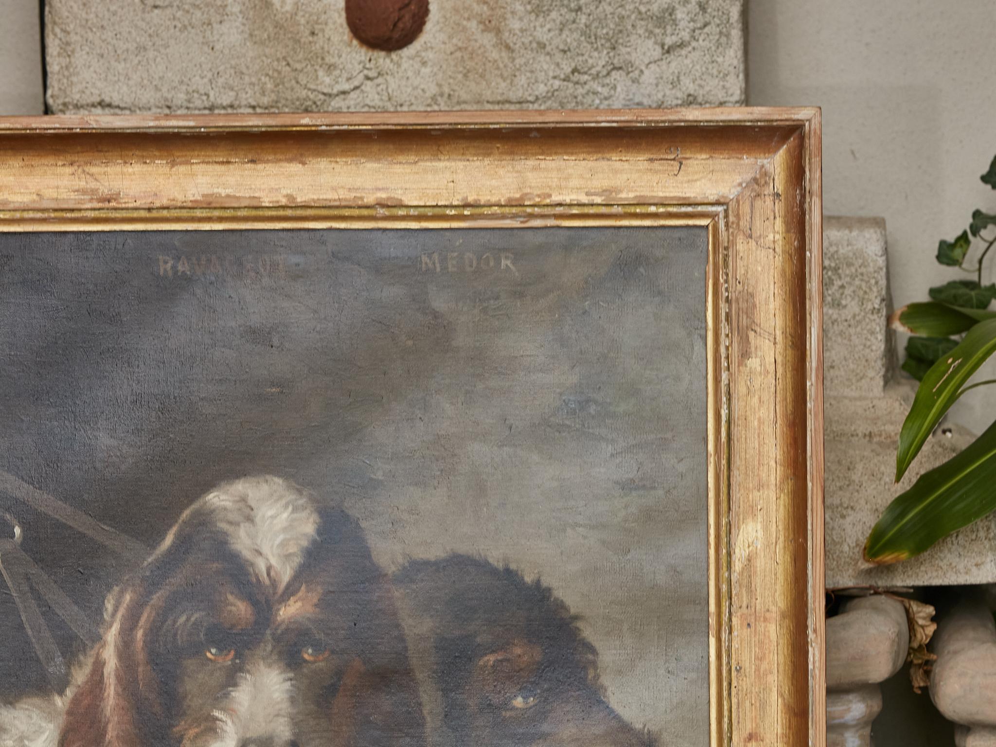 Portrait of a Pair of Bassets Hunting Dogs by Louis Darey in Gilded Frame, 1880s In Good Condition In Atlanta, GA