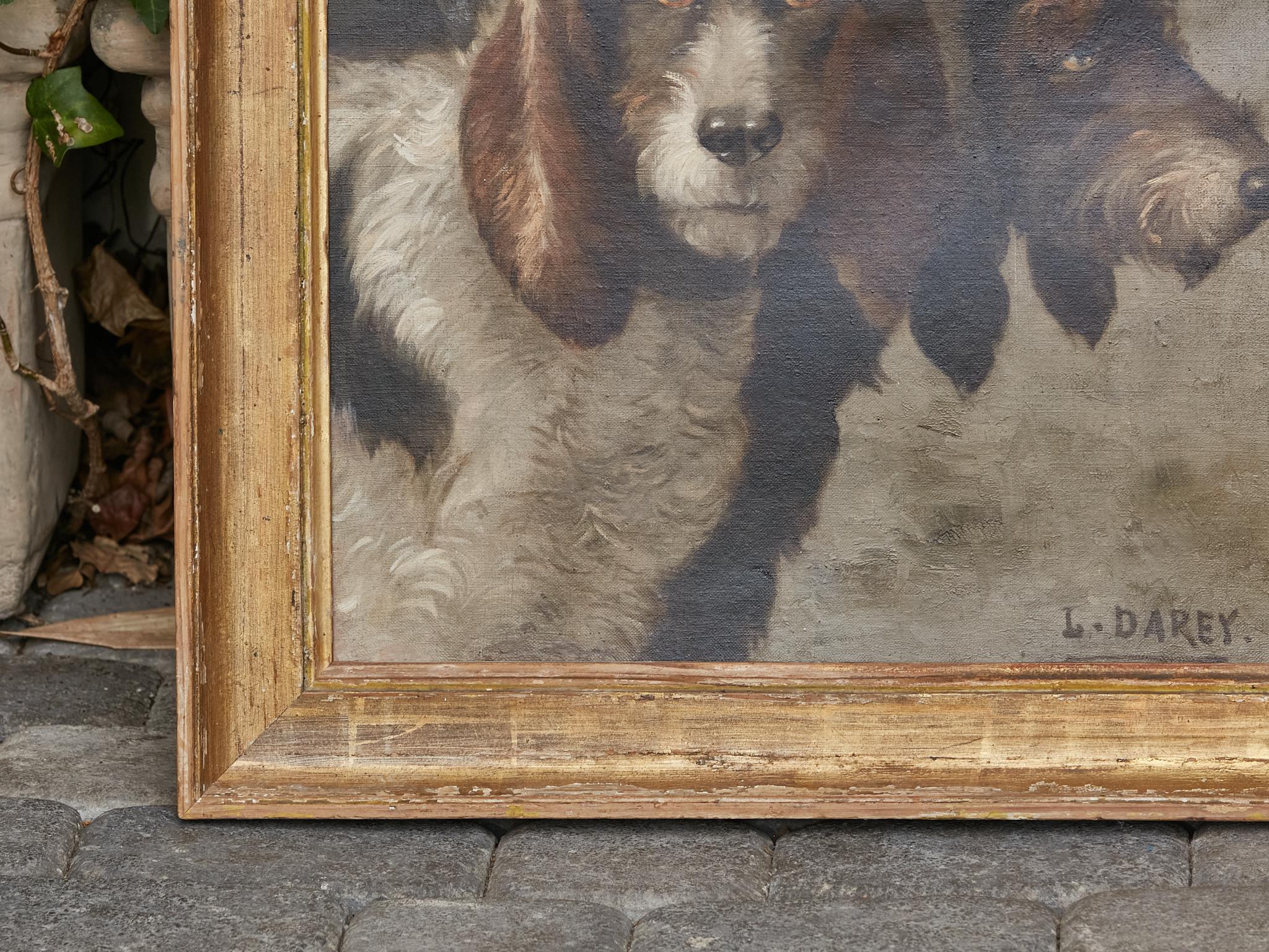 Canvas Portrait of a Pair of Bassets Hunting Dogs by Louis Darey in Gilded Frame, 1880s