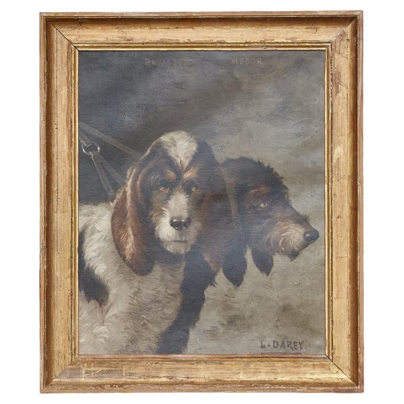 Portrait of a Pair of Bassets Hunting Dogs by Louis Darey in Gilded Frame, 1880s