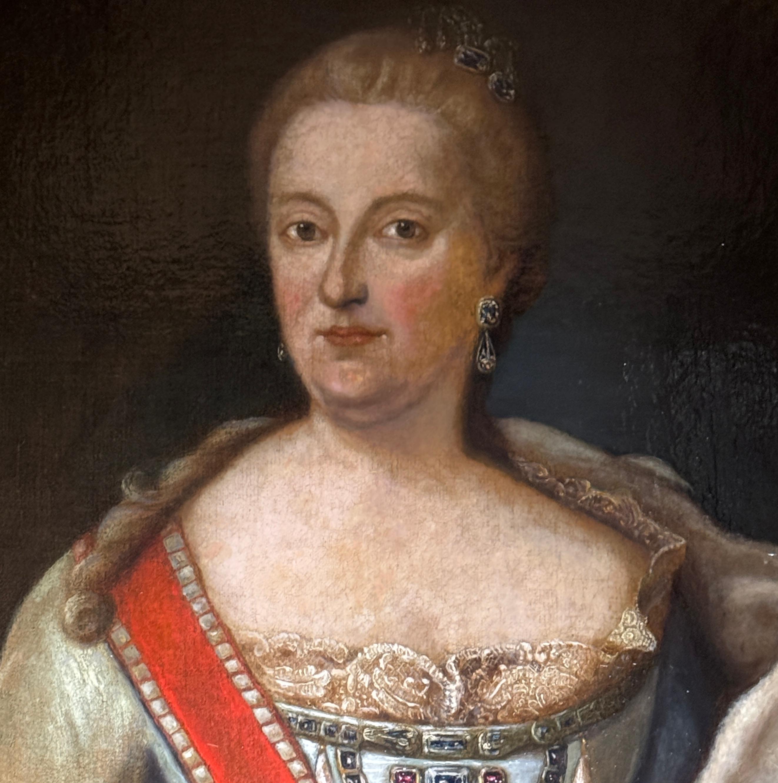 Portrait of a Polish Princess, 18th Century

Large oil on canvas depicting a Polish princess, executed with the rigor and solemnity typical of 18th-century court portraits. The lady appears half-length, wearing the sash of honor and ermine mantle