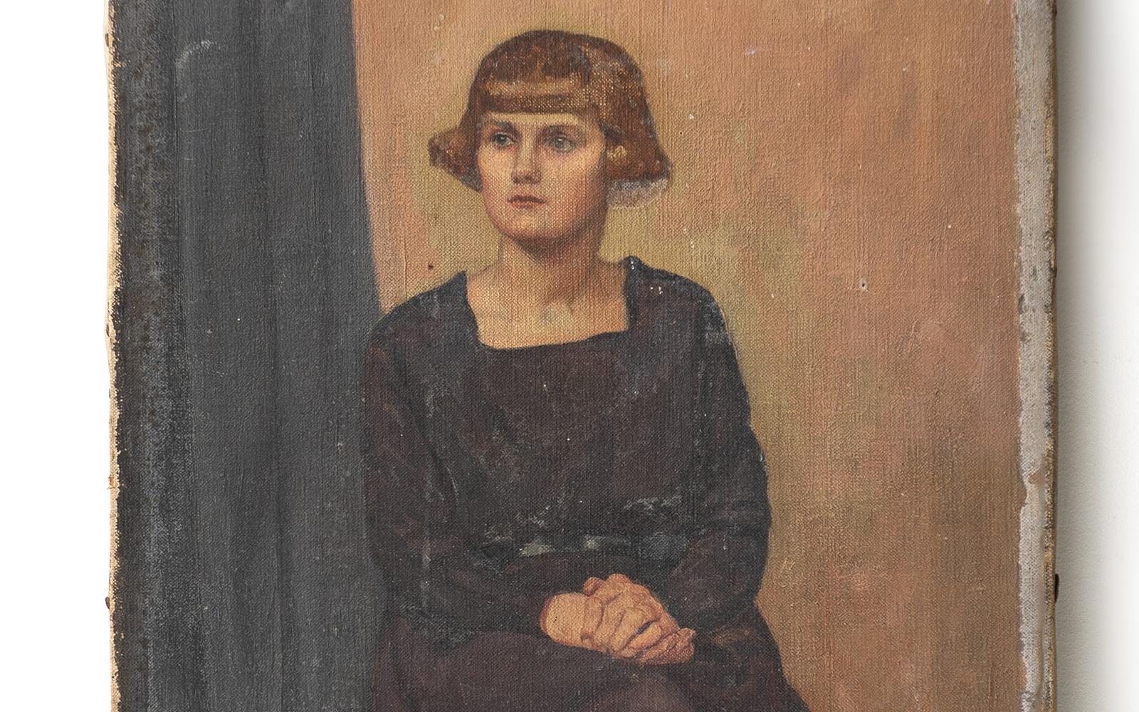ANTIQUE ORIGINAL OIL ON CANVAS PAINTING DEPICTING A FEMALE SITTER BY ALYS WOODMAN (1897-1987) RBSA

Depicts a stylish woman in a typical 1920s dress, stockings, black leather Mary Jane shoes and sporting a short bob hairstyle. 

Painted when the