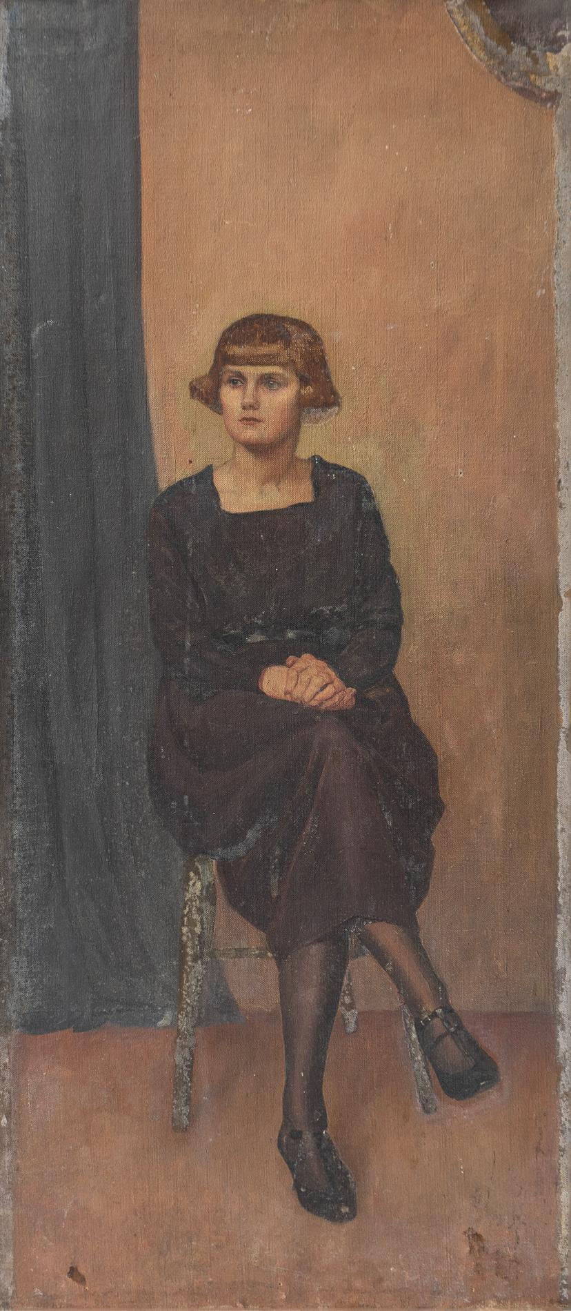 Art Deco Portrait Of A Seated Woman By Alys Woodman, Original Antique Oil Painting, 1920s For Sale