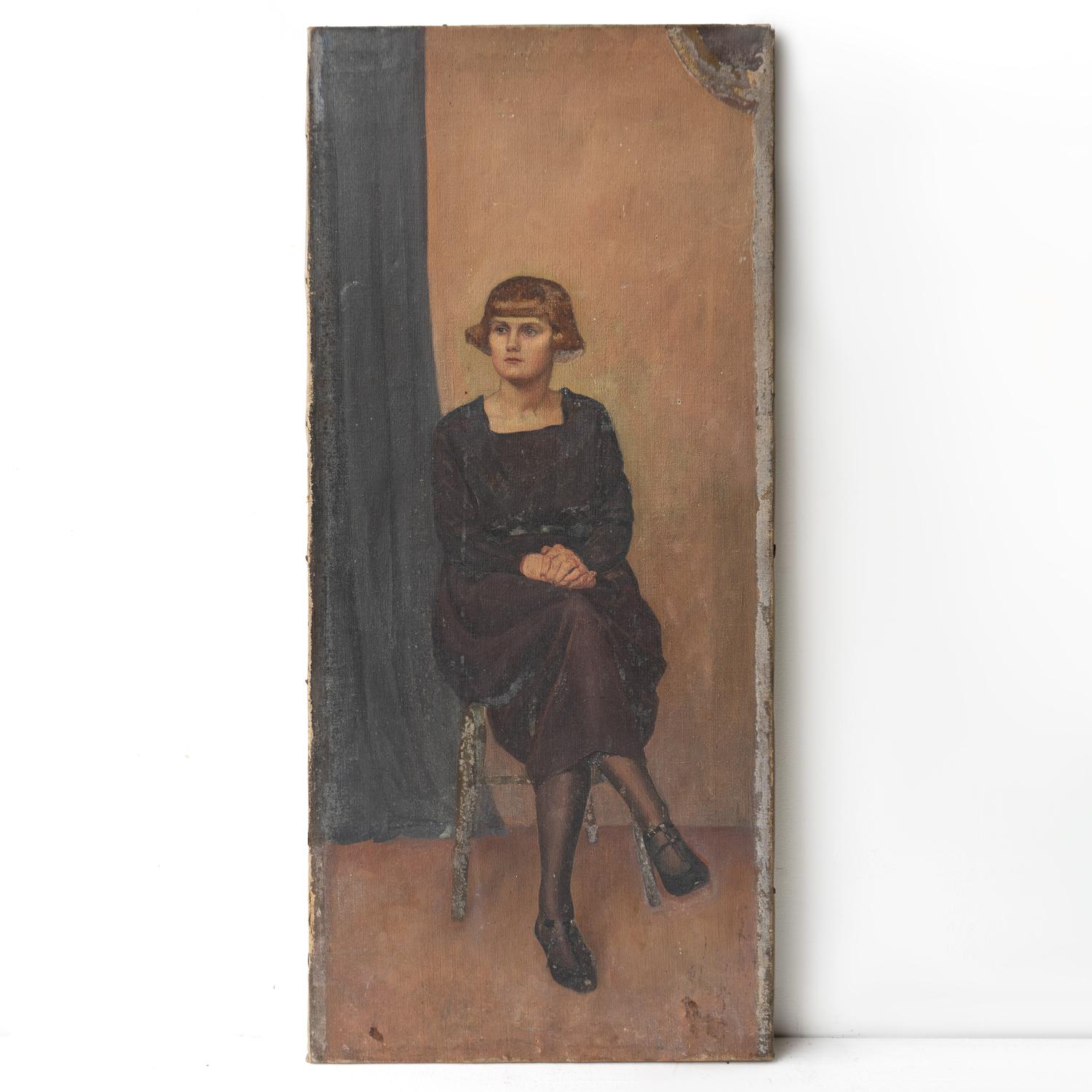 ANTIQUE ORIGINAL OIL ON CANVAS PAINTING DEPICTING A FEMALE SITTER BY ALYS WOODMAN (1897-1987) RBSA

Depicts a stylish woman in a typical 1920s dress, stockings, black leather Mary Jane shoes and sporting a short bob hairstyle. 

Painted when the
