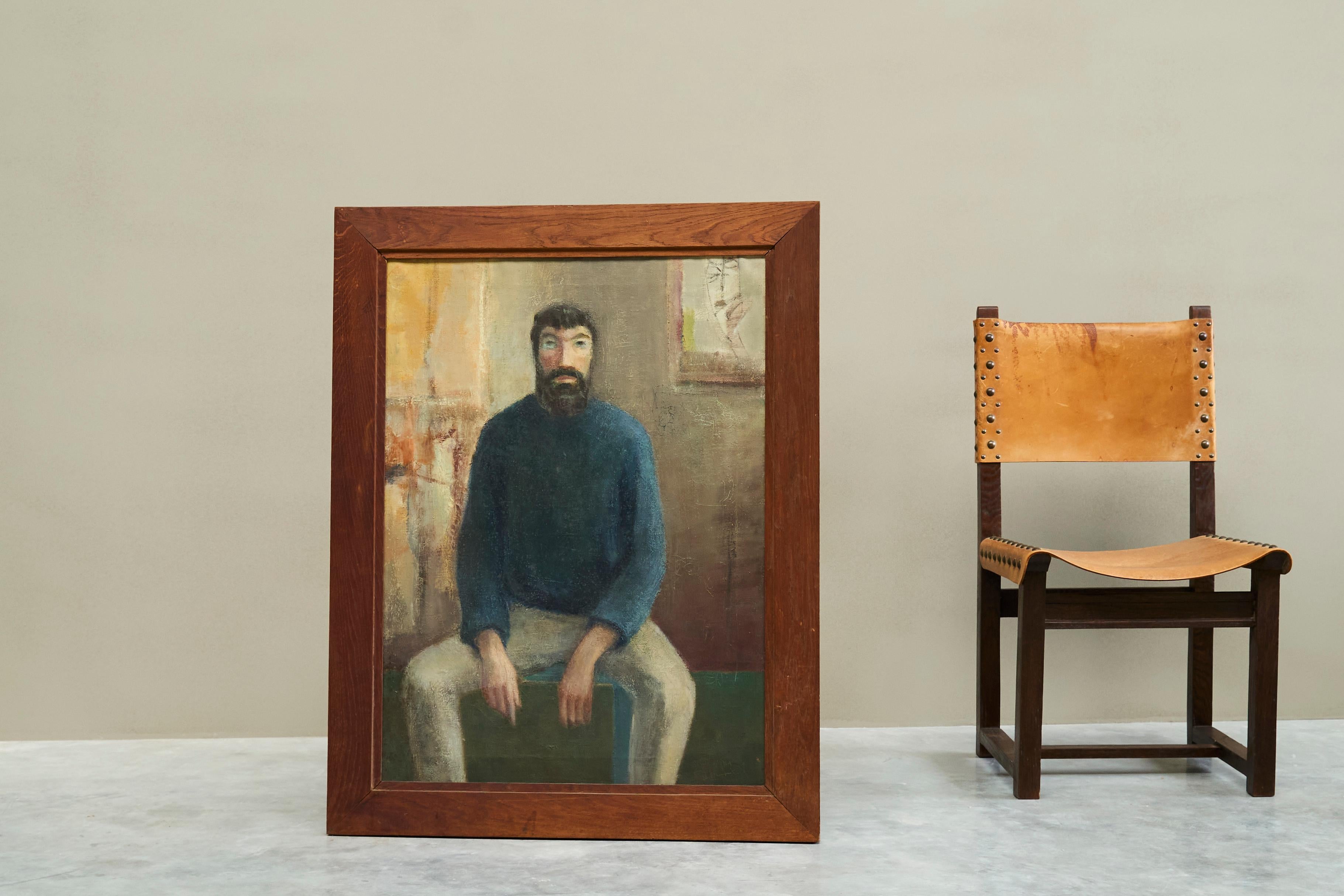 Retrato de un hombre sentado Óleo y pintura al temple sobre lienzo Bélgica 1964 Pintado a mano en venta