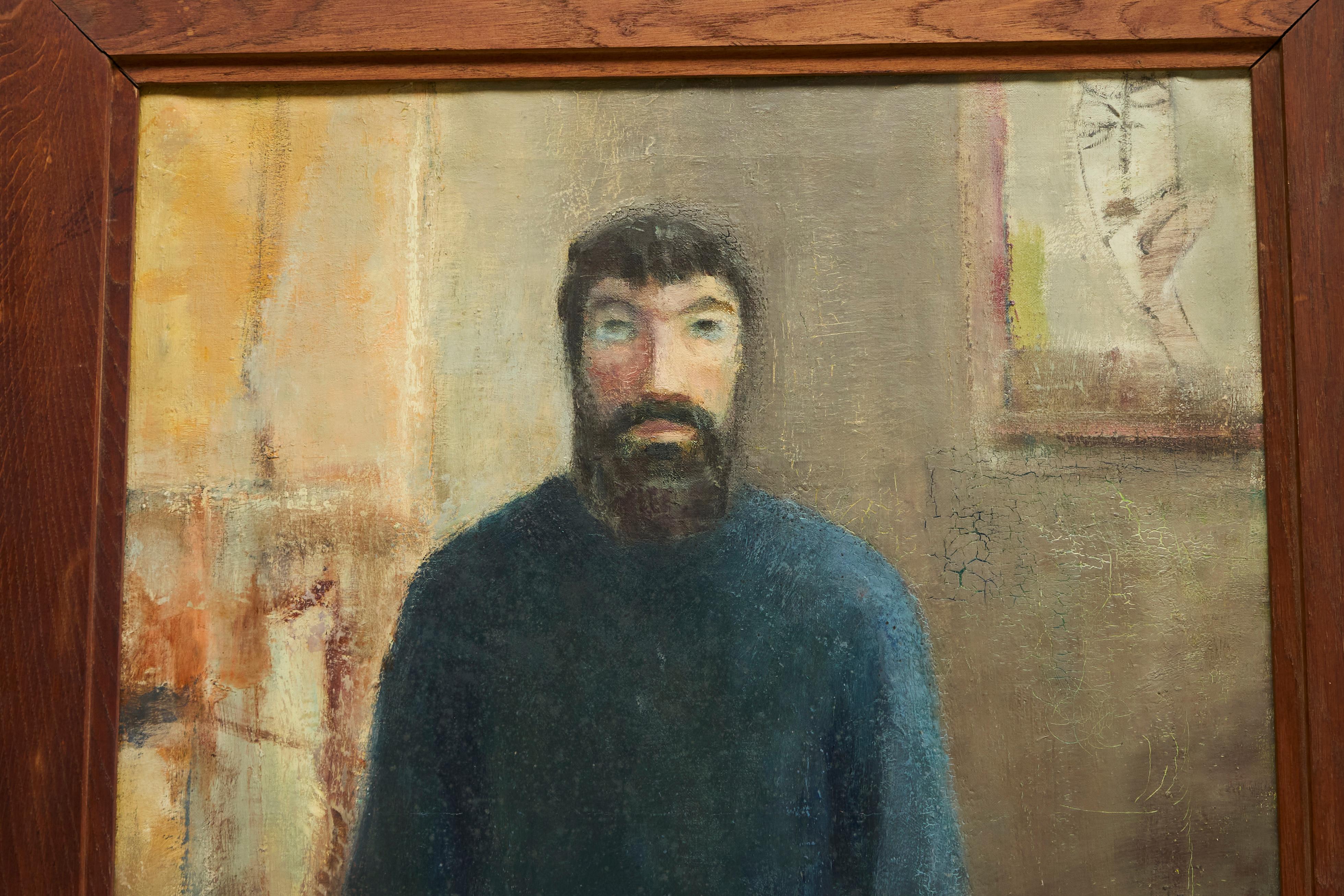 Retrato de un hombre sentado Óleo y pintura al temple sobre lienzo Bélgica 1964 en Bueno estado para la venta en Meer, VAN