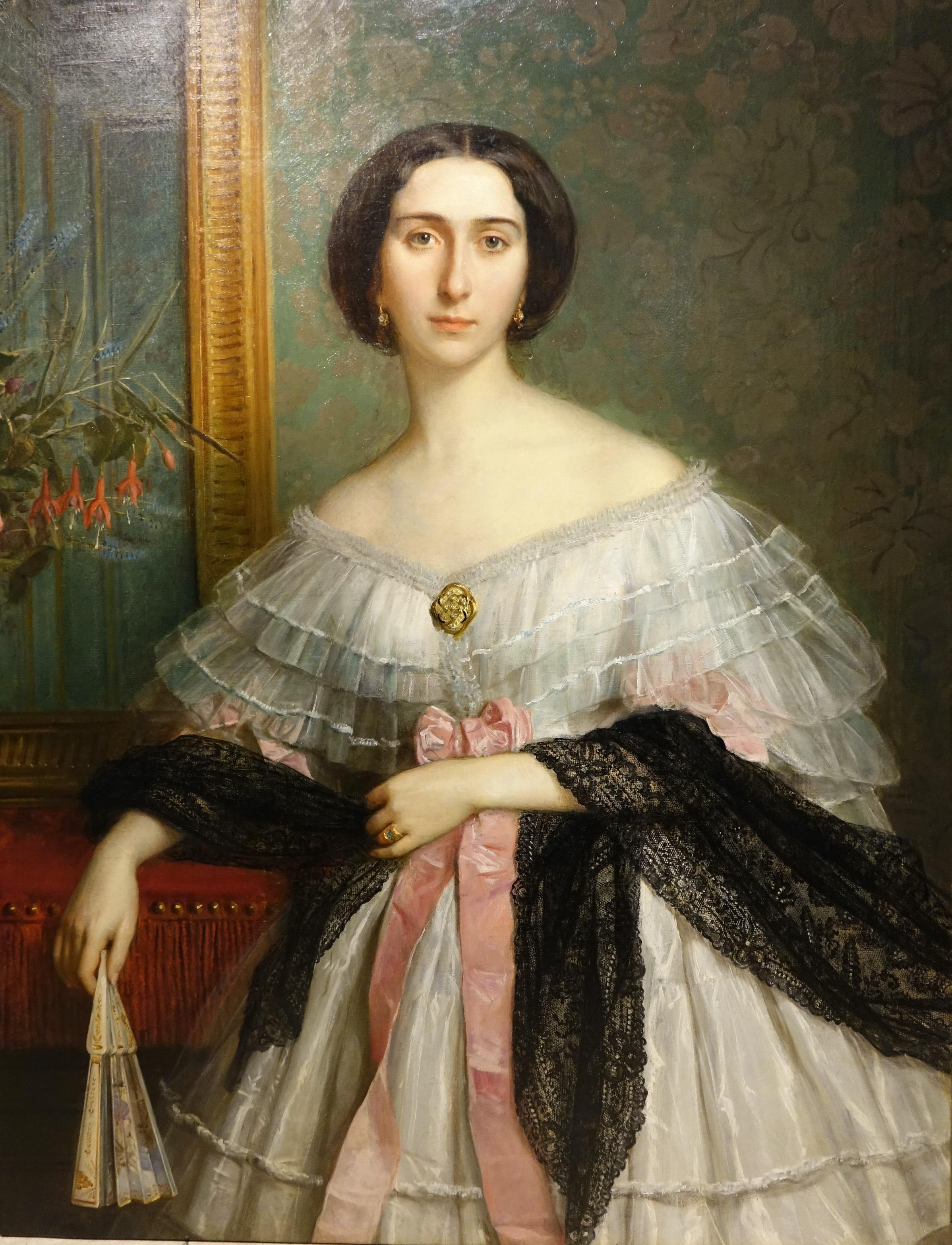 Large oil on canvas portraying a young woman of fine character, undoubtedly an aristocrat, French school circa 1850.
According to family tradition, this is the portrait of Countess Hallez Claparede, lady-in-waiting to the Empress Eugénie