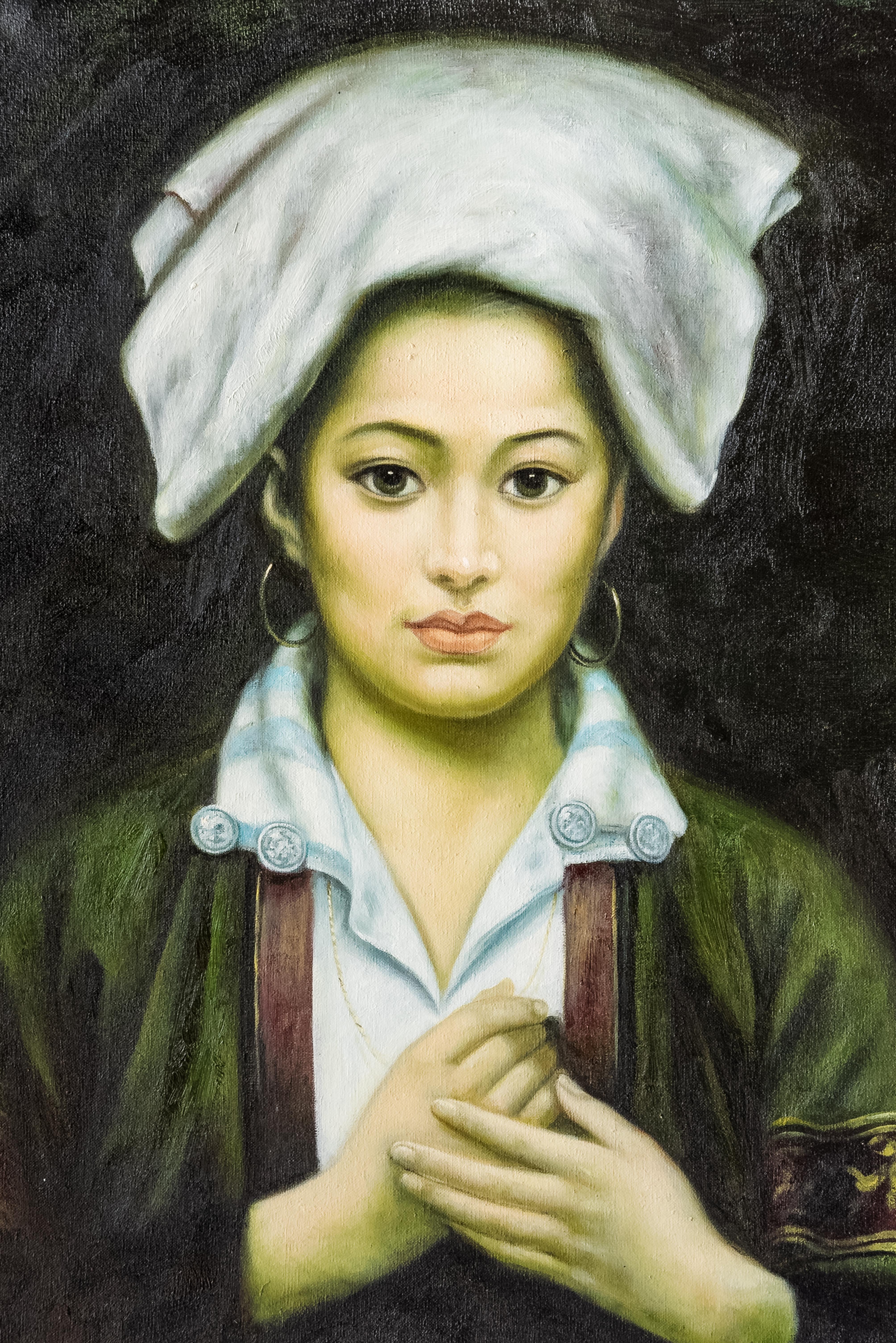 Portrait of a Tibetan girl figurative oil on canvas, Shanghai, 1997
Beautiful oil on canvas portrait of a Tibetan Girl. Magnificent oil from the Shanghai School realistic and expressive portrait on oil.

Photos by João Boullosa - Porto /