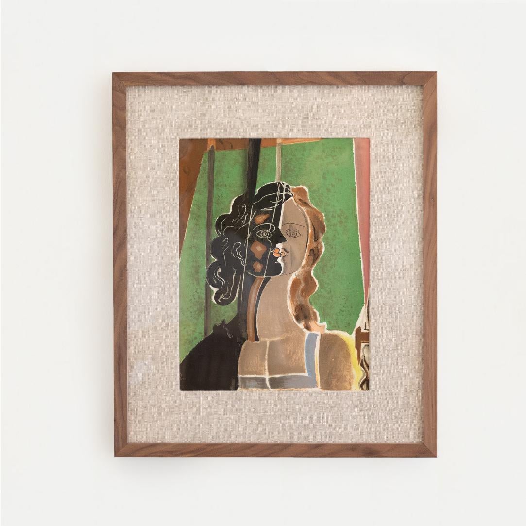 Beautiful portrait of a woman by Georges Braque, France, 1939. Color lithograph on vellum paper. Newly framed in a dark walnut wood, linen matting, and UV plexi.