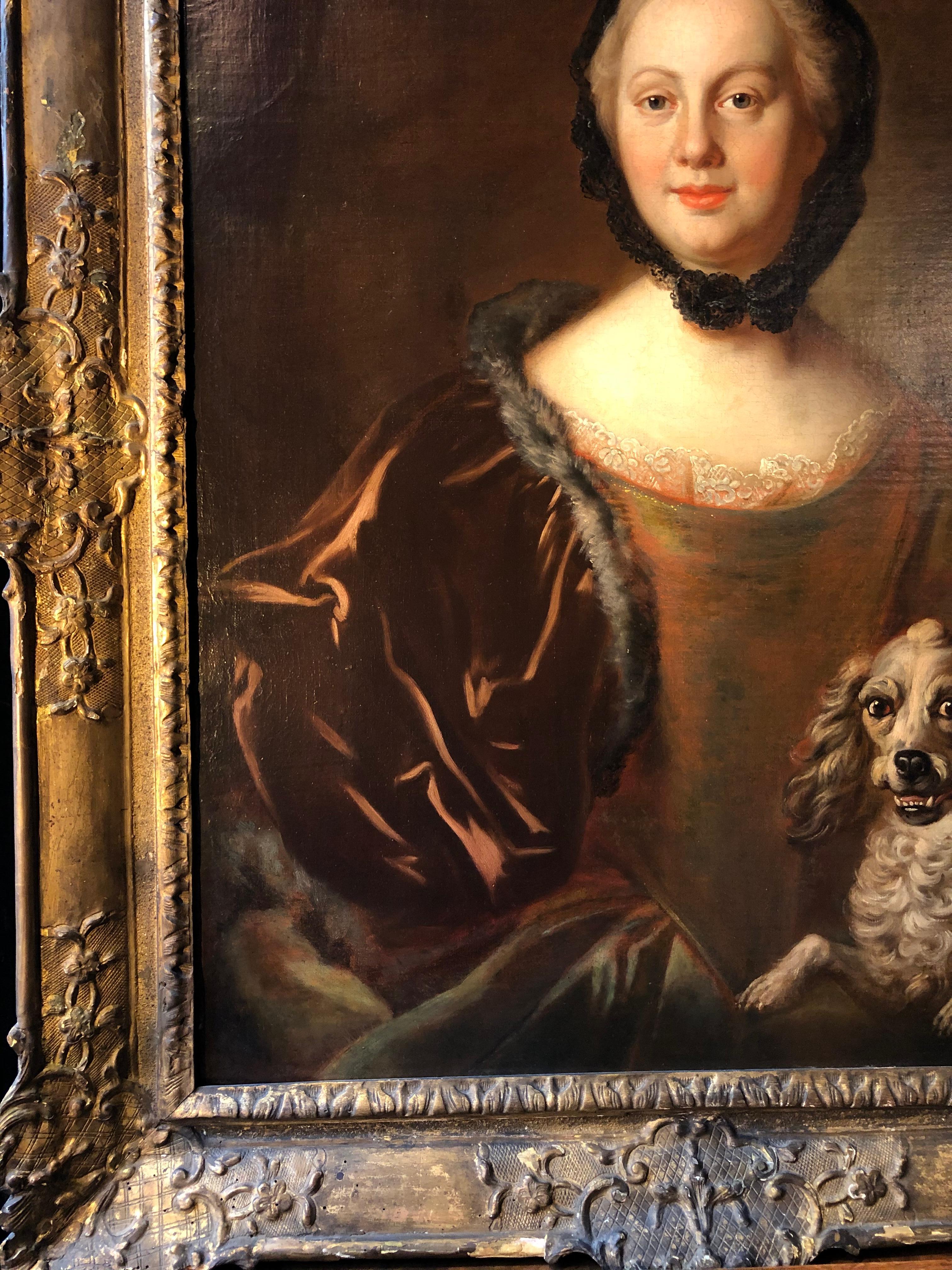 French Portrait of a Woman and Her Dog, 18th Century For Sale