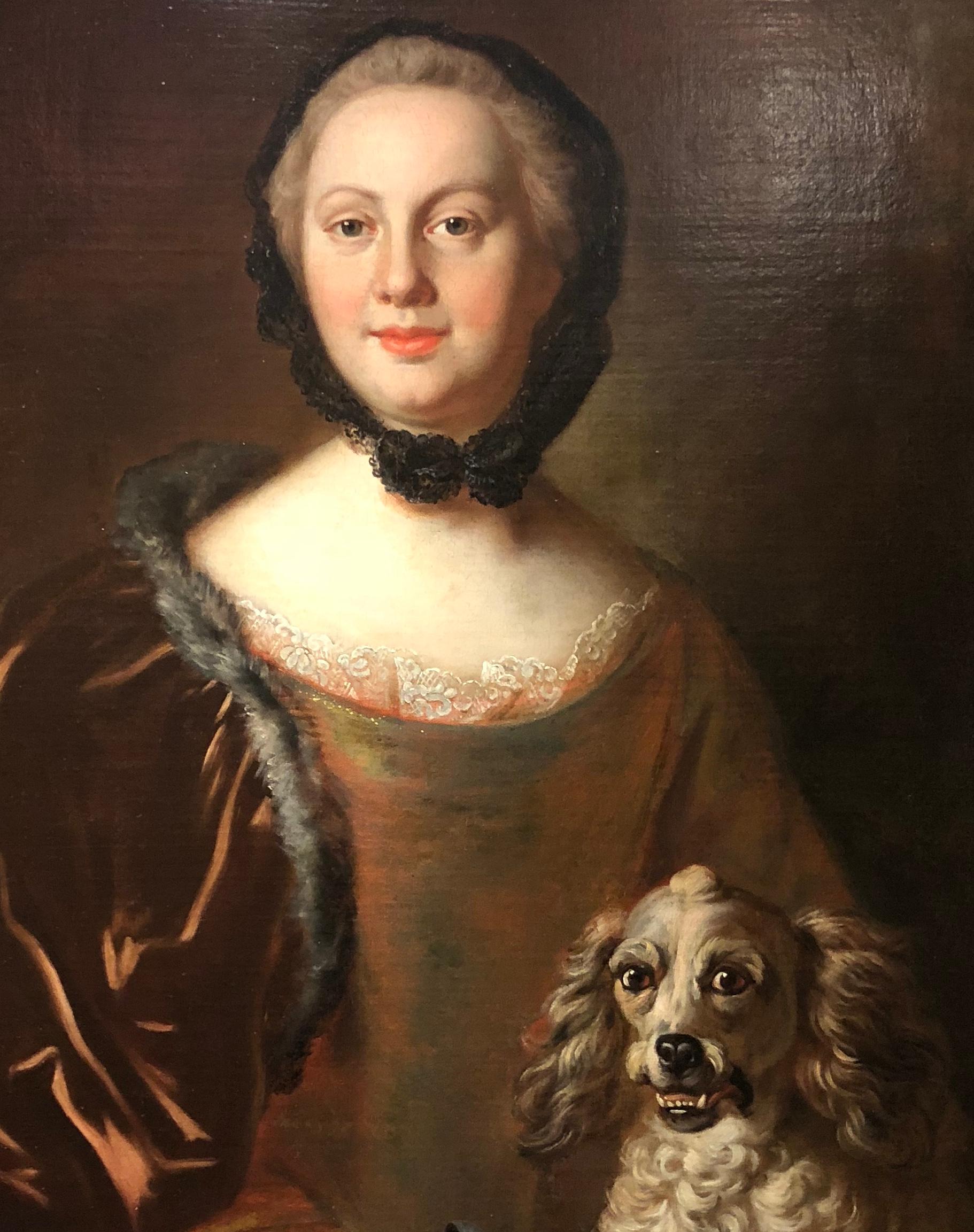 Canvas Portrait of a Woman and Her Dog, 18th Century For Sale