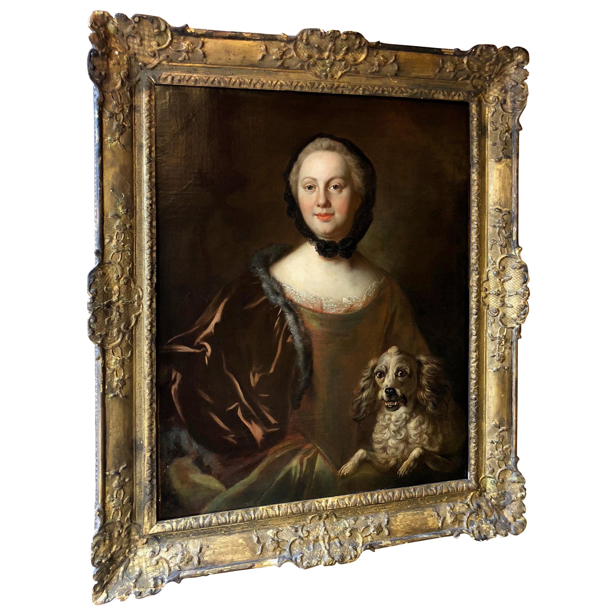 Portrait of a Woman and Her Dog, 18th Century For Sale