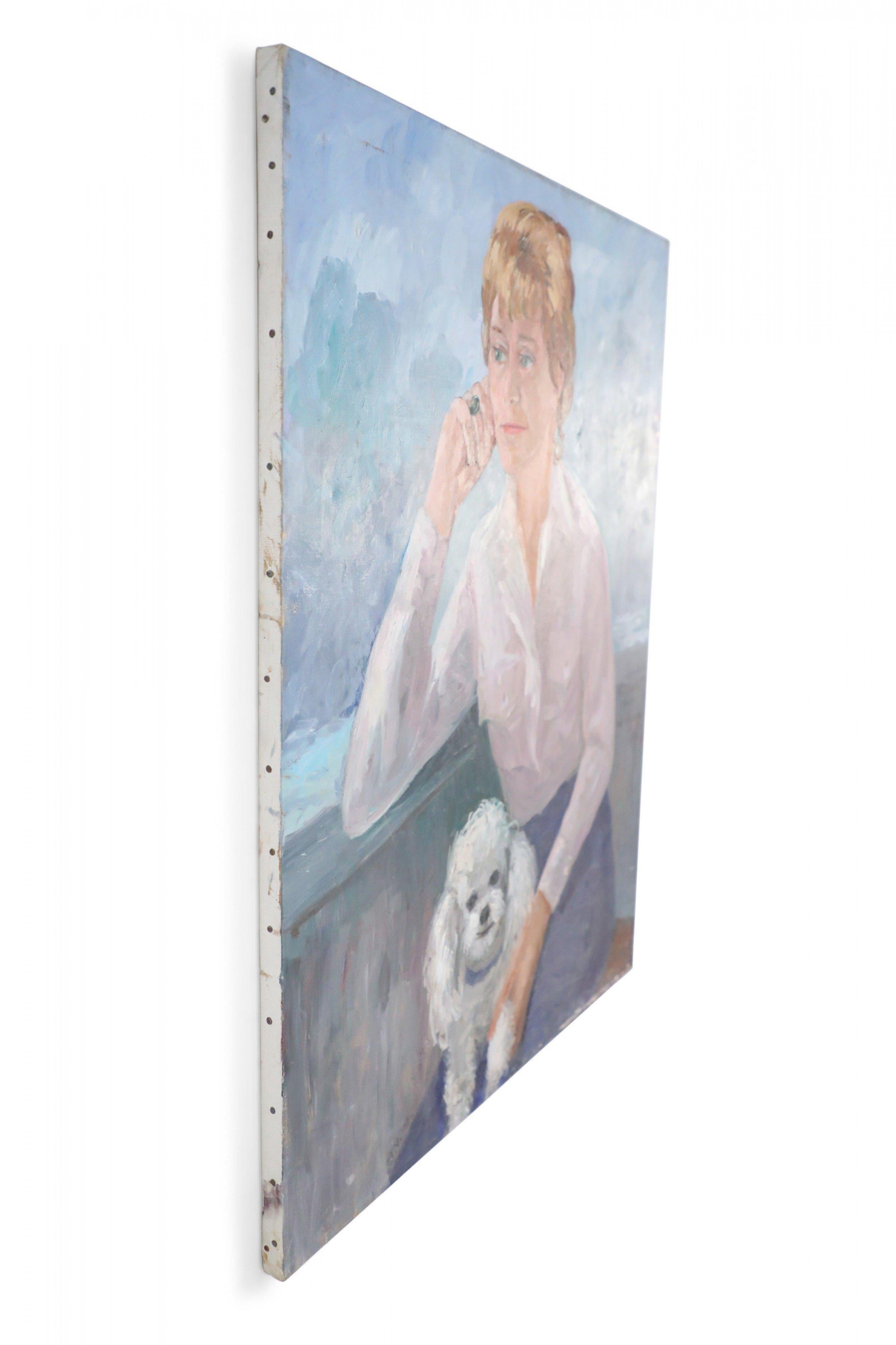 Peinture sur toile - Portrait d'une femme et d'un chien blanc en vente 1