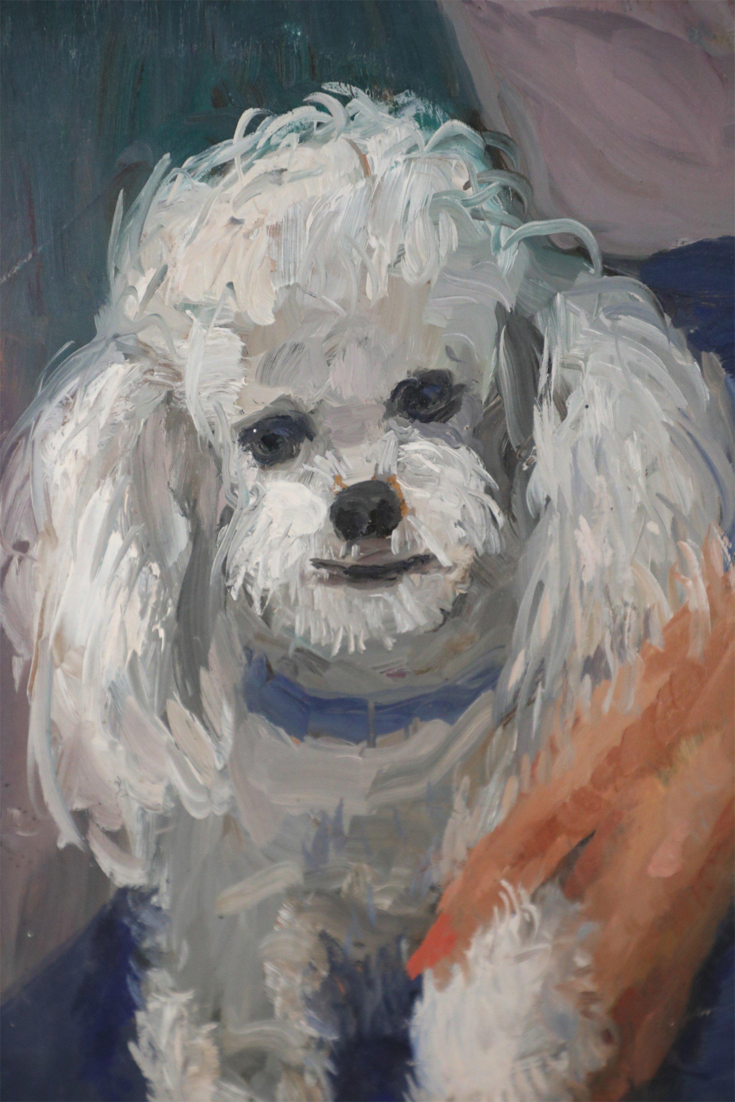 Retrato de mujer y perro blanco Pintura sobre lienzo en Bueno estado para la venta en Queens, NY