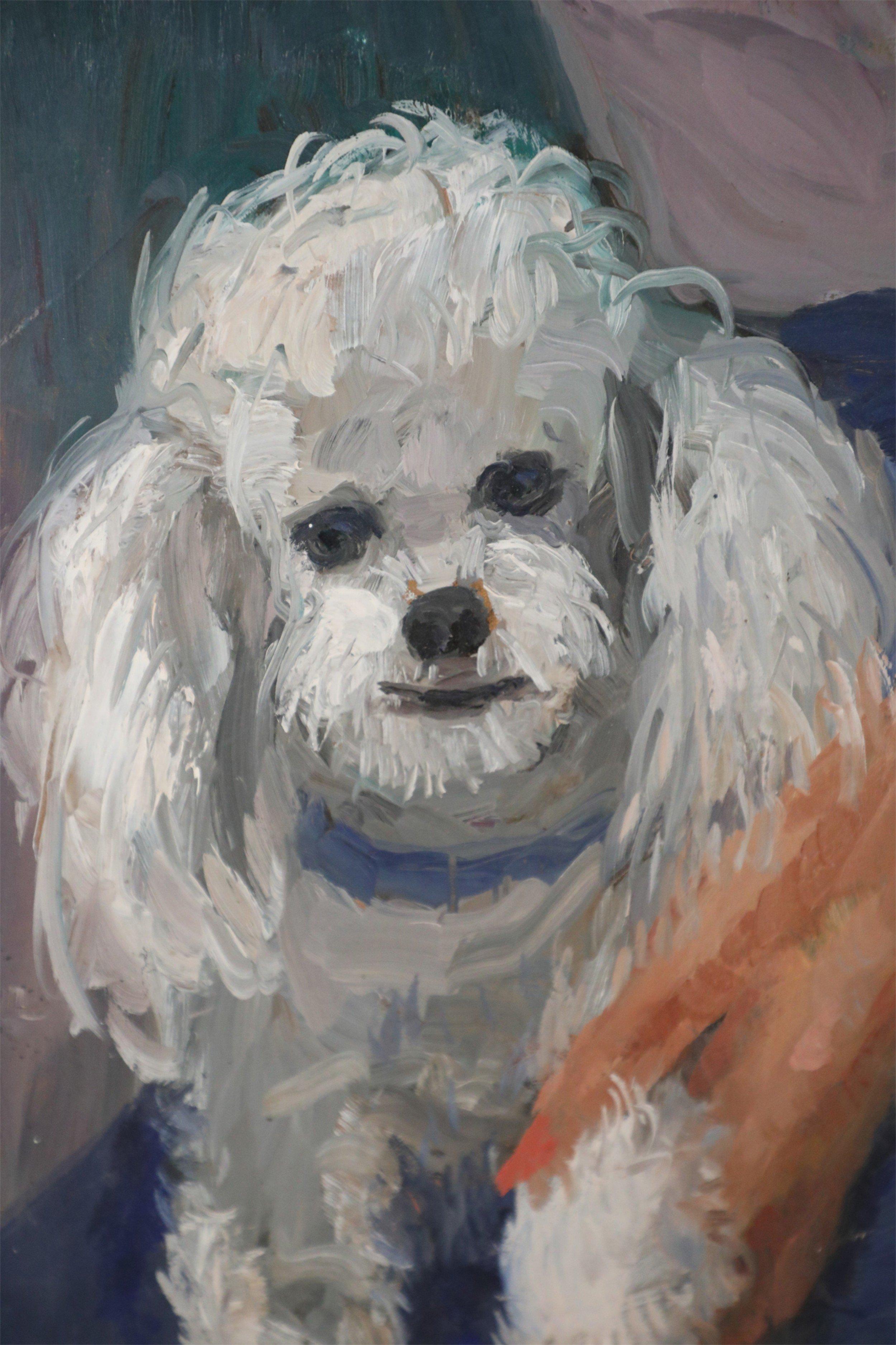Peinture sur toile - Portrait d'une femme et d'un chien blanc Bon état - En vente à New York, NY
