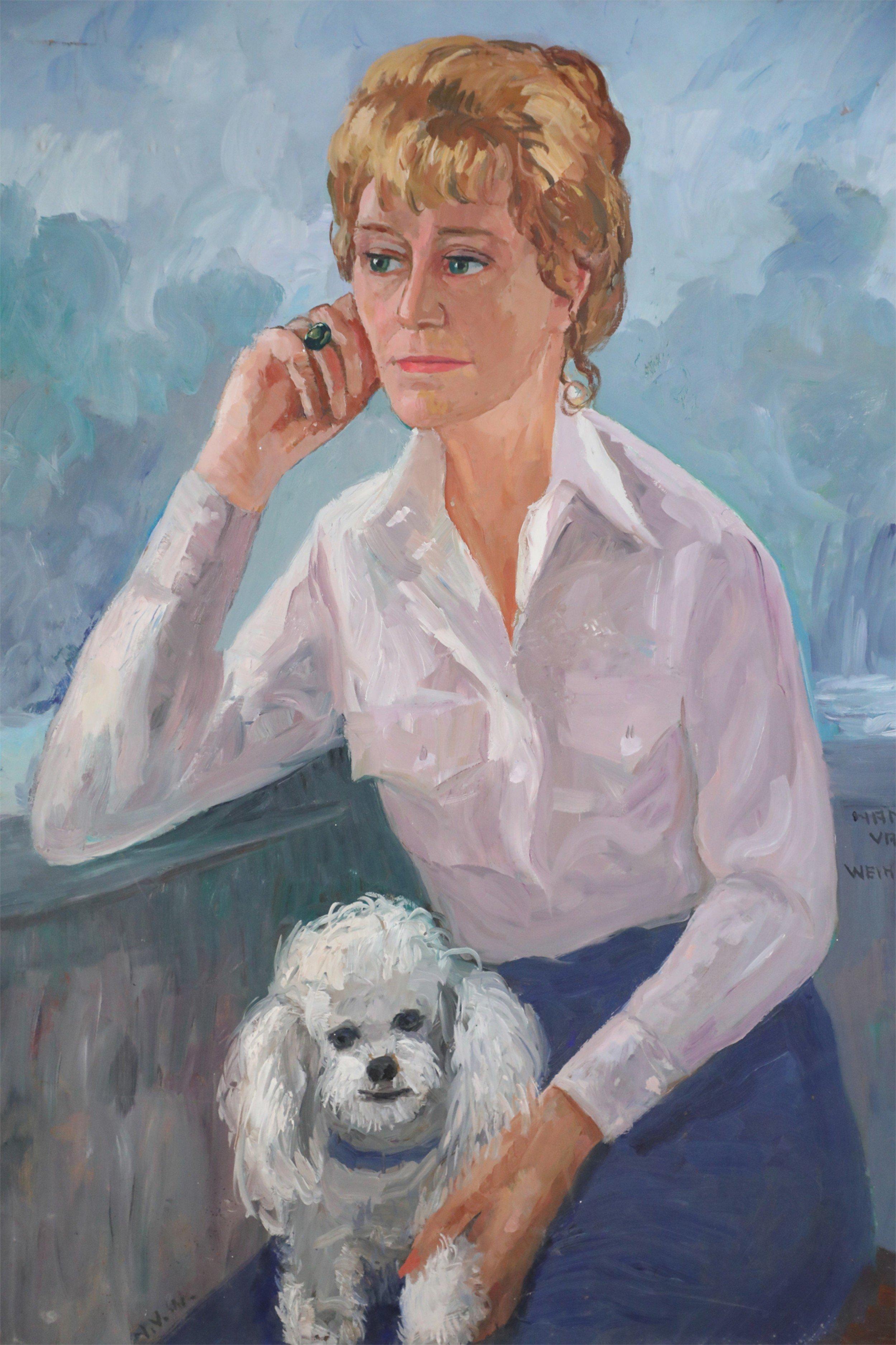 20ième siècle Peinture sur toile - Portrait d'une femme et d'un chien blanc en vente