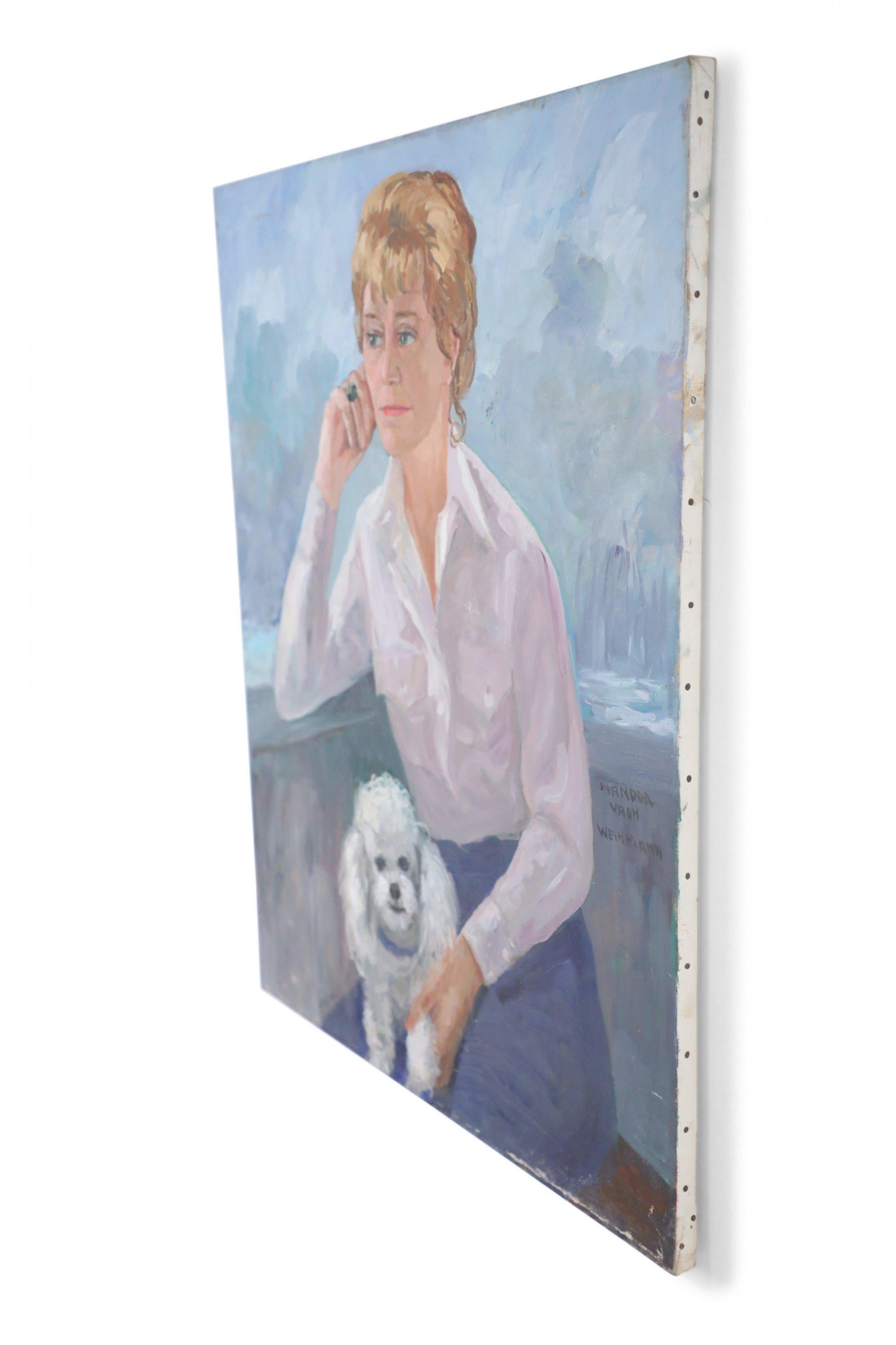 Toile Peinture sur toile - Portrait d'une femme et d'un chien blanc en vente