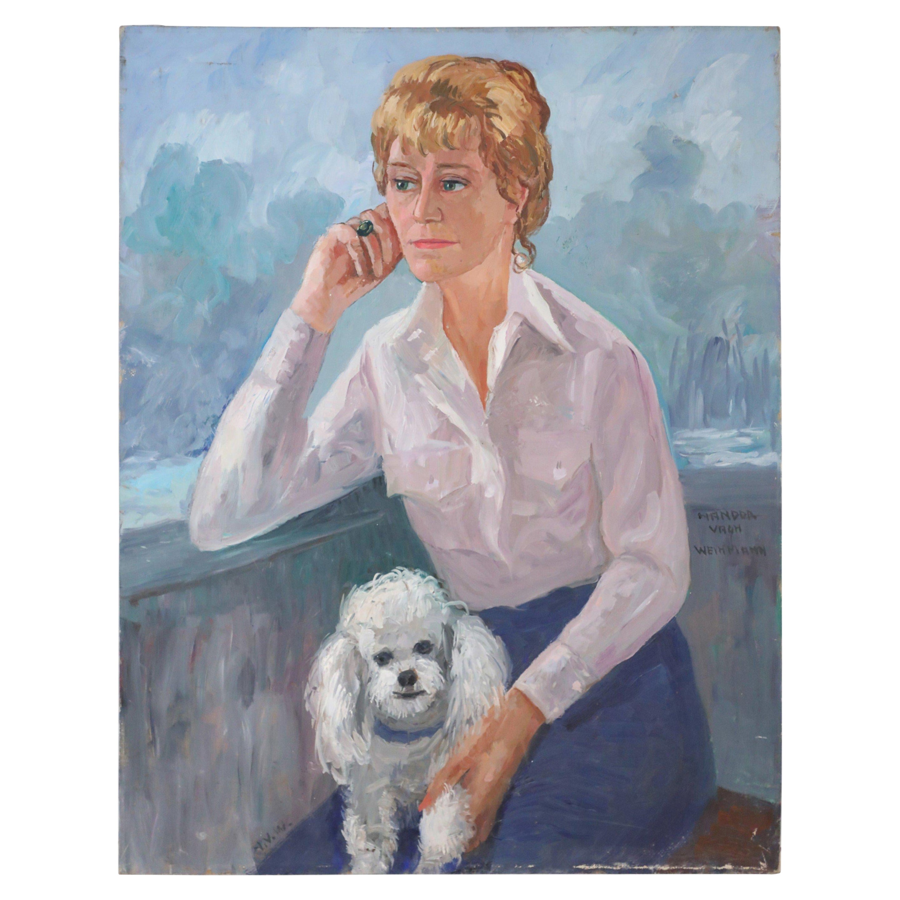 Portrait d'une femme et d'un chien blanc sur toile en vente