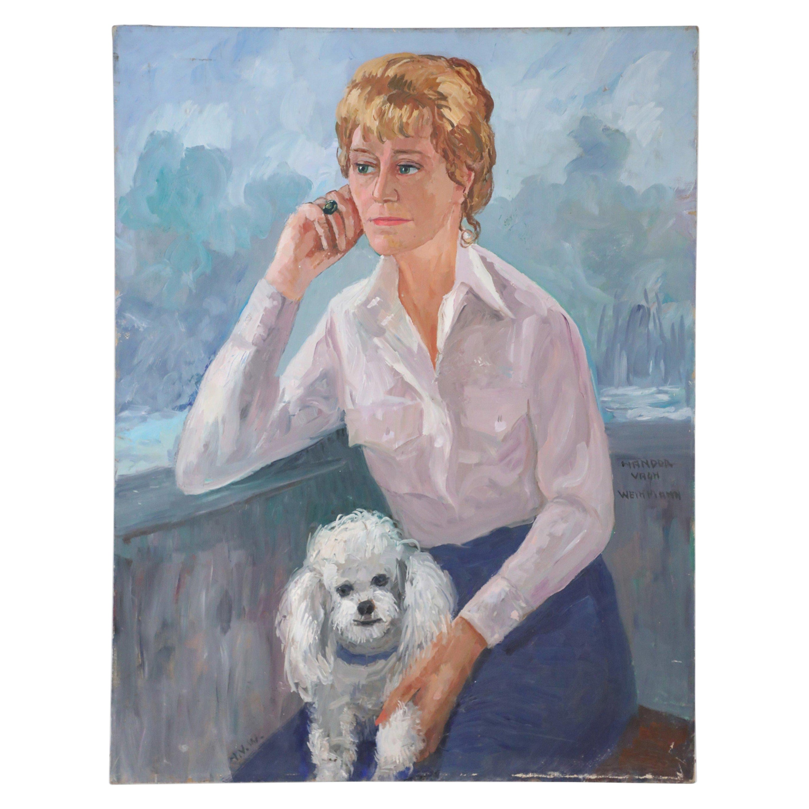 Portrait d'une femme et d'un chien blanc sur toile
