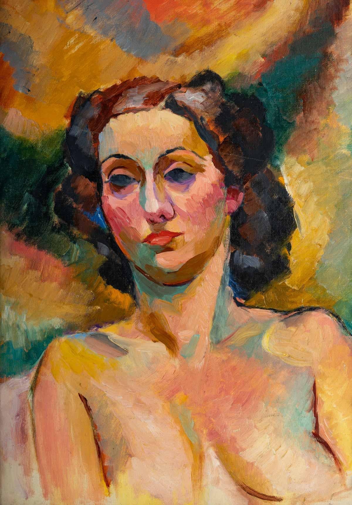 Portrait de femme, Art déco, 1930
Portrait de femme, peinture sur panneau de bois avec son cadre d'origine, non signé, Art déco, 1930.
Peinture - h : 59 cm, l : 42 cm
Cadre - h : 70 cm, l : 53 cm, p : 4 cm.
 