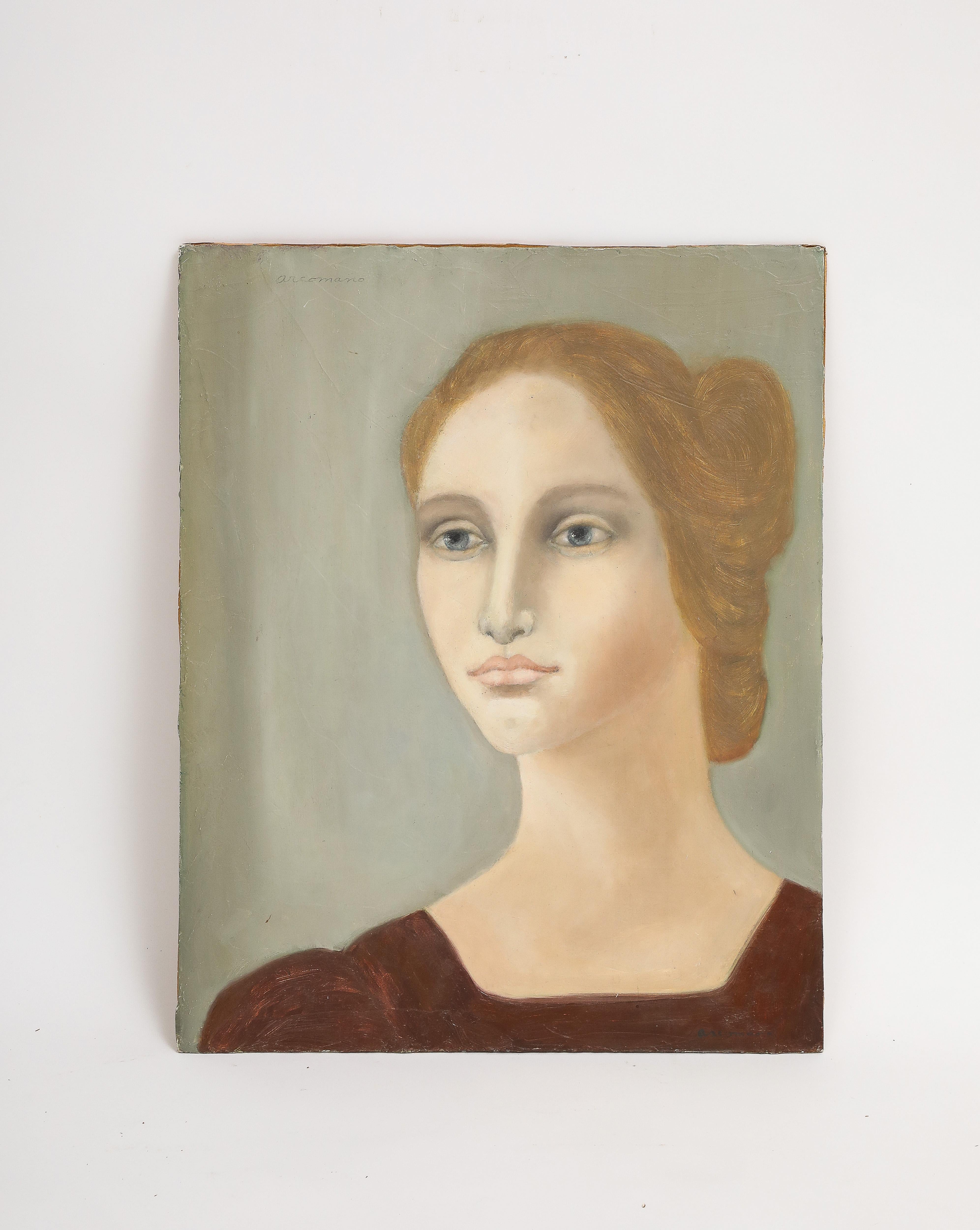 Portrait de femme par Cathryn Arcomano, huile sur toile, signée 1972. Numéroté 5. 

Il s'agit d'un portrait original peint à l'huile sur panneau de toile par l'artiste Cathryn Buckley Arcomano (américaine, 1923-2012). Artistics était un artiste