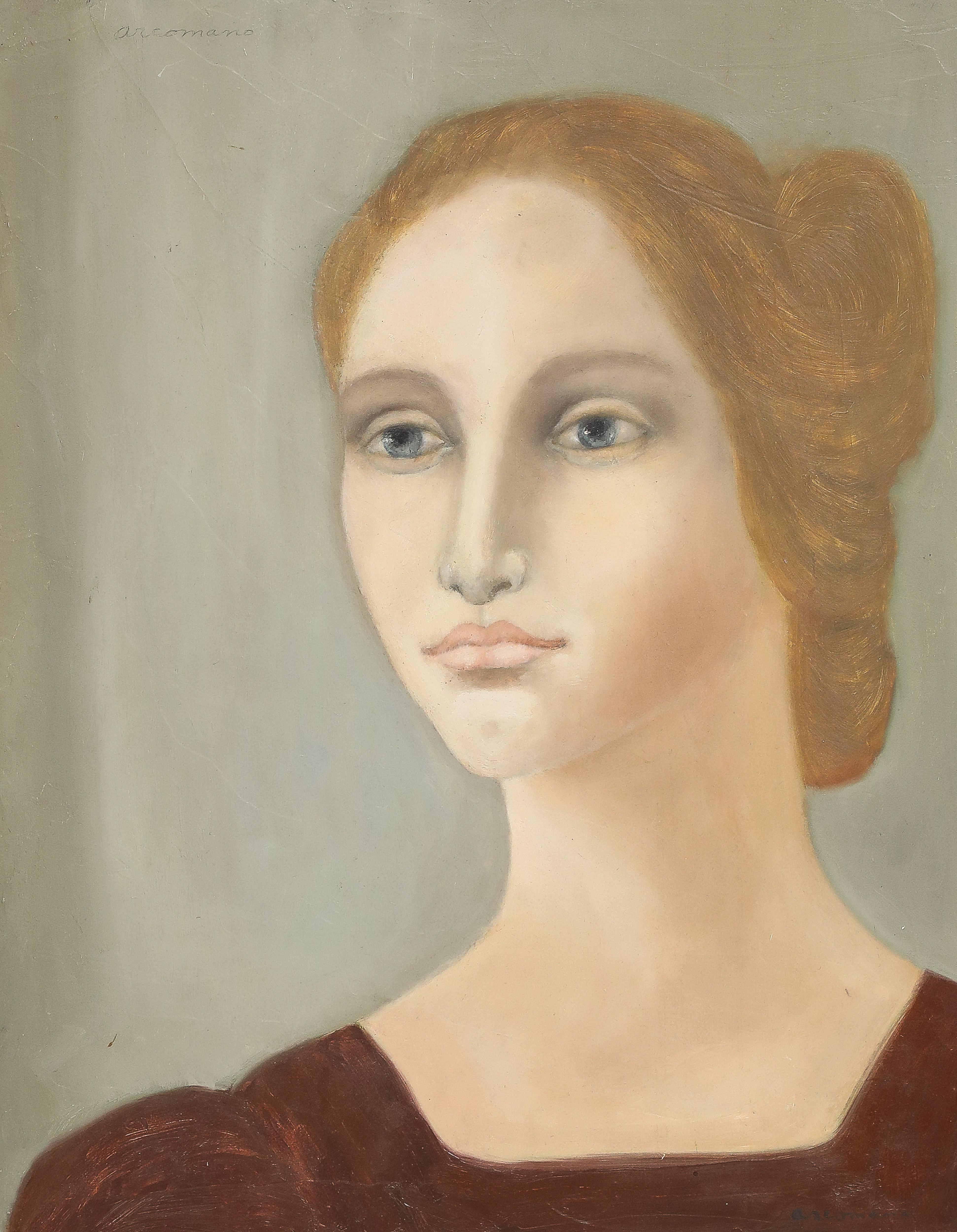 Moderne Portrait d'une femme par Cathryn Arcomano (1923-2012), huile sur toile, signée en 1972 en vente