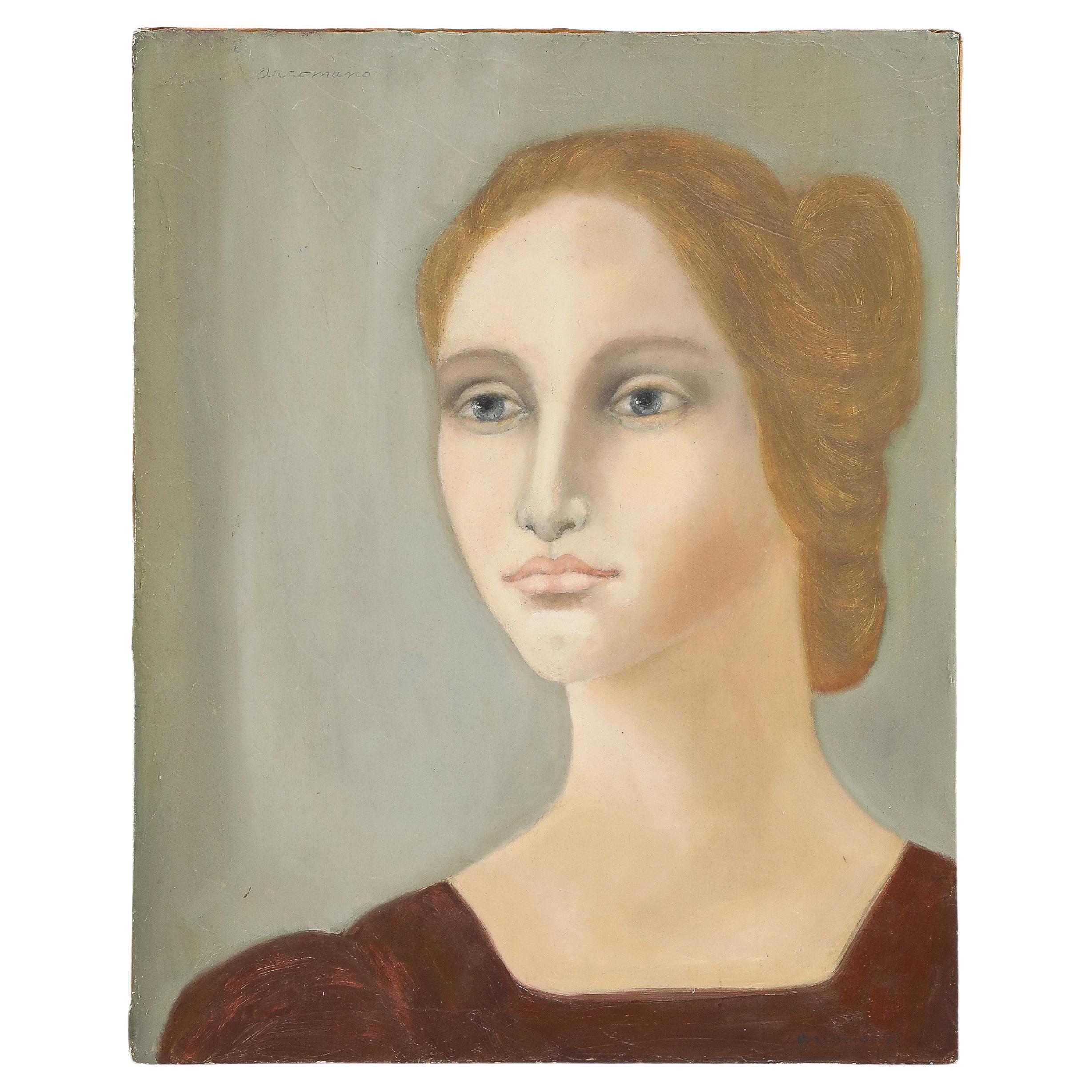 Portrait d'une femme par Cathryn Arcomano (1923-2012), huile sur toile, signée en 1972 en vente