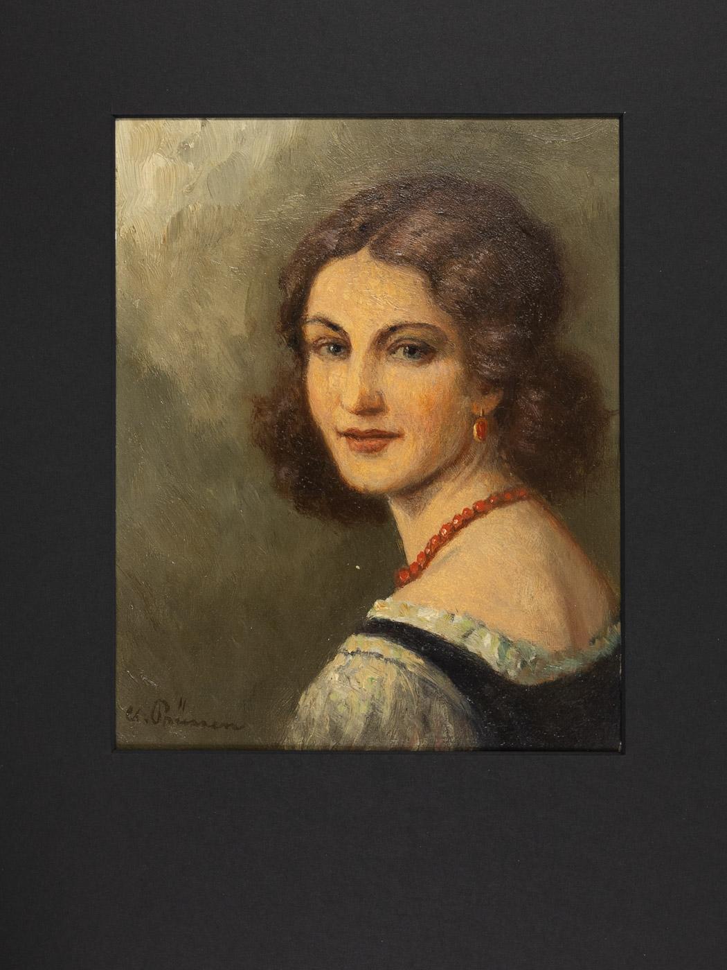 Clemens PRÜSSEN portrait of a woman from the 1920s. Düsseldorfer Schule. Oil on plate. Ready to hang, framed with a black passepartout in a real wood picture frame in black.

Size without frame: W 23 cm x H 28 cm.
