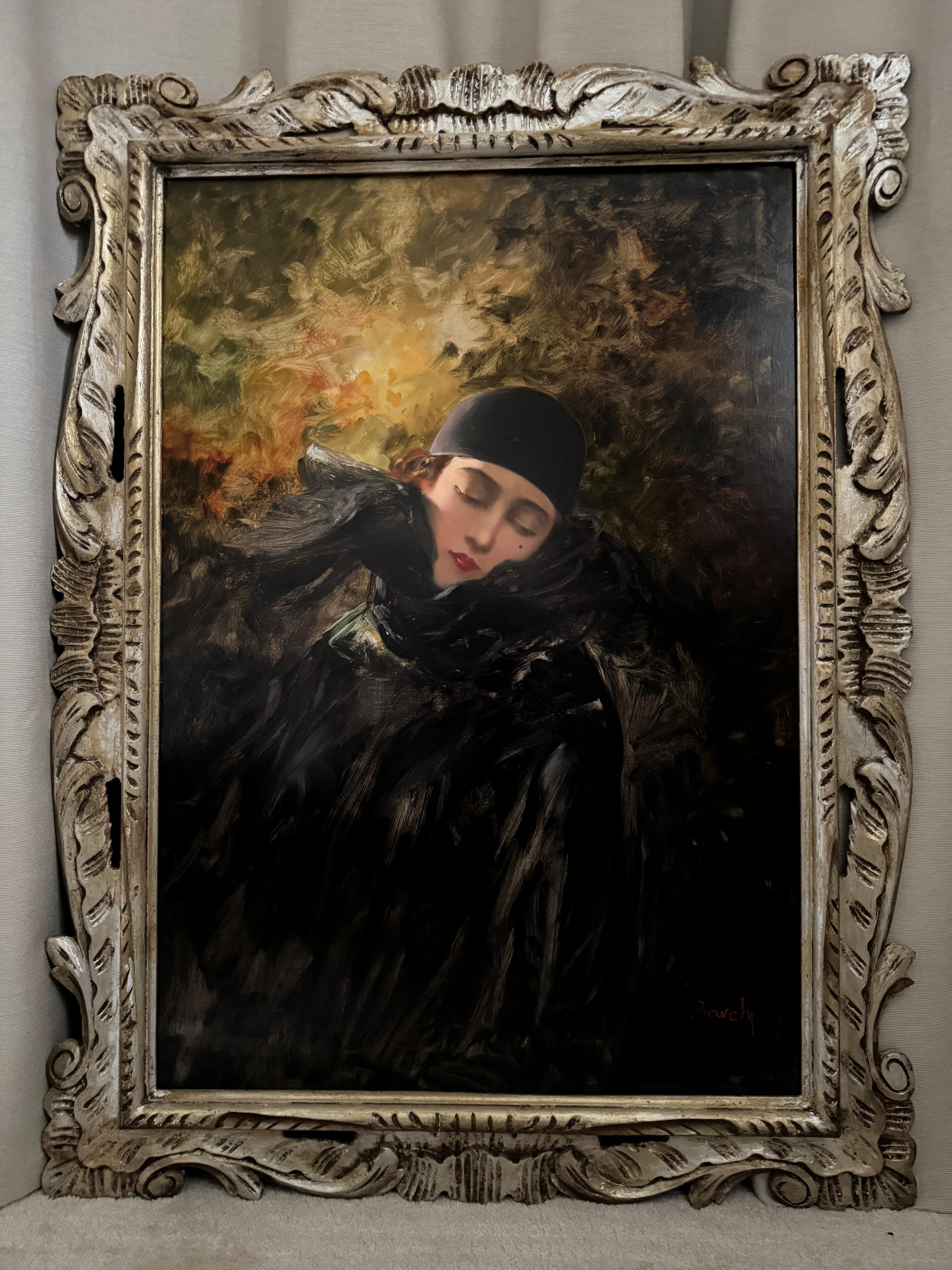 Portrait of a Woman Dressed  with a Black Feather Cape circa 1936 Signed Barchi (Italienisch) im Angebot