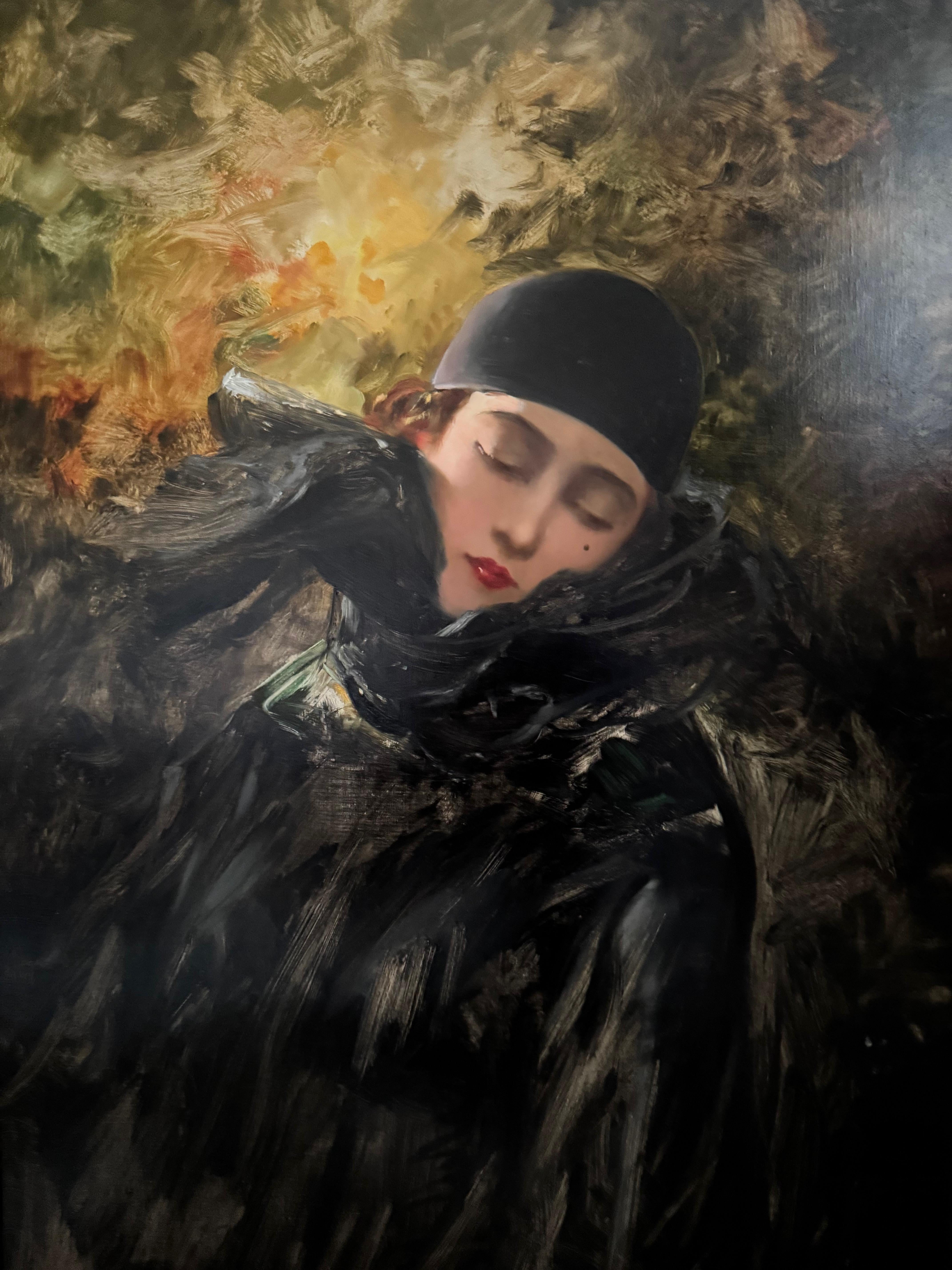 Portrait of a Woman Dressed  with a Black Feather Cape circa 1936 Signed Barchi (Handbemalt) im Angebot