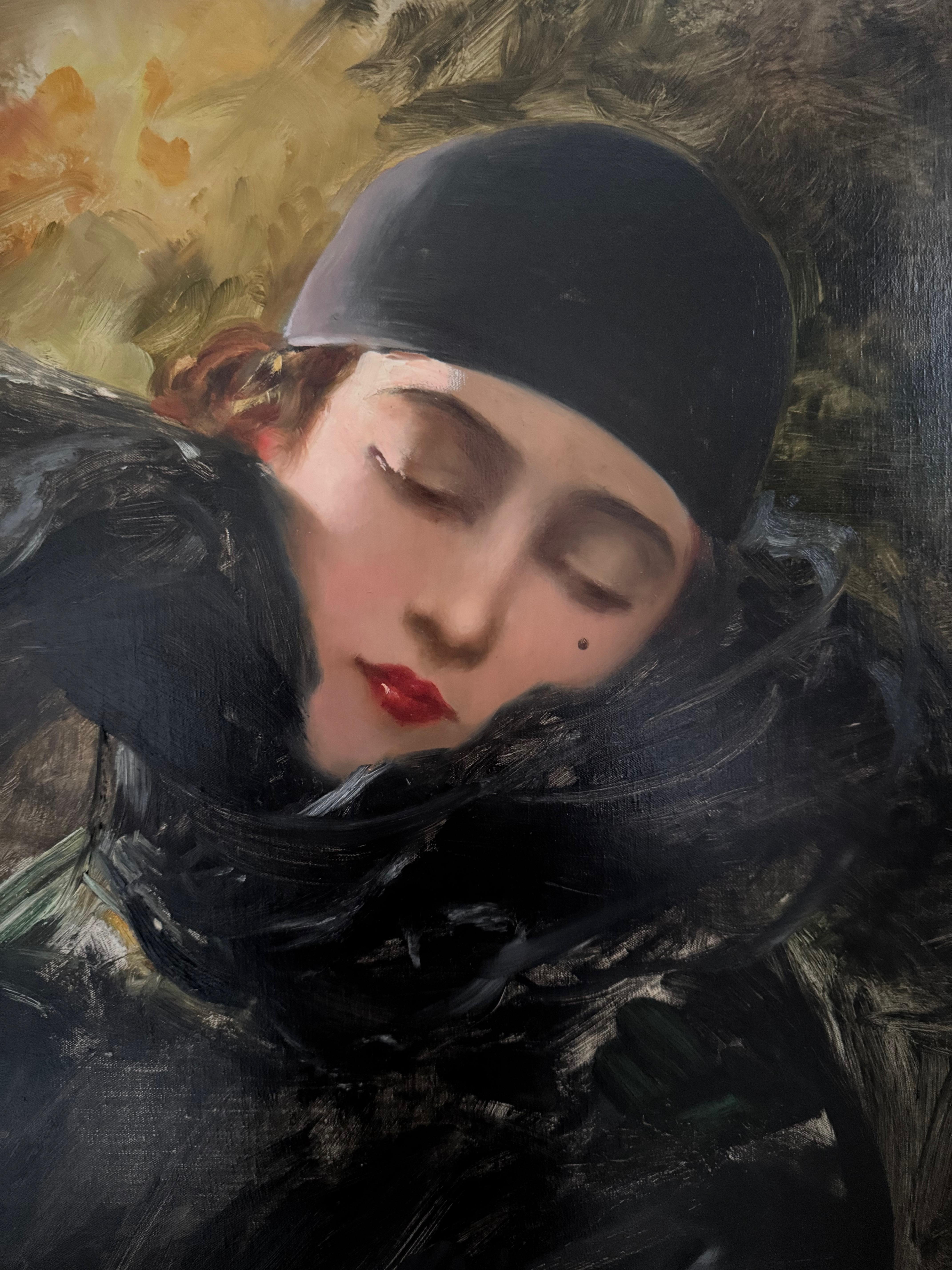 Portrait of a Woman Dressed  with a Black Feather Cape circa 1936 Signed Barchi im Zustand „Gut“ im Angebot in PARIS, FR