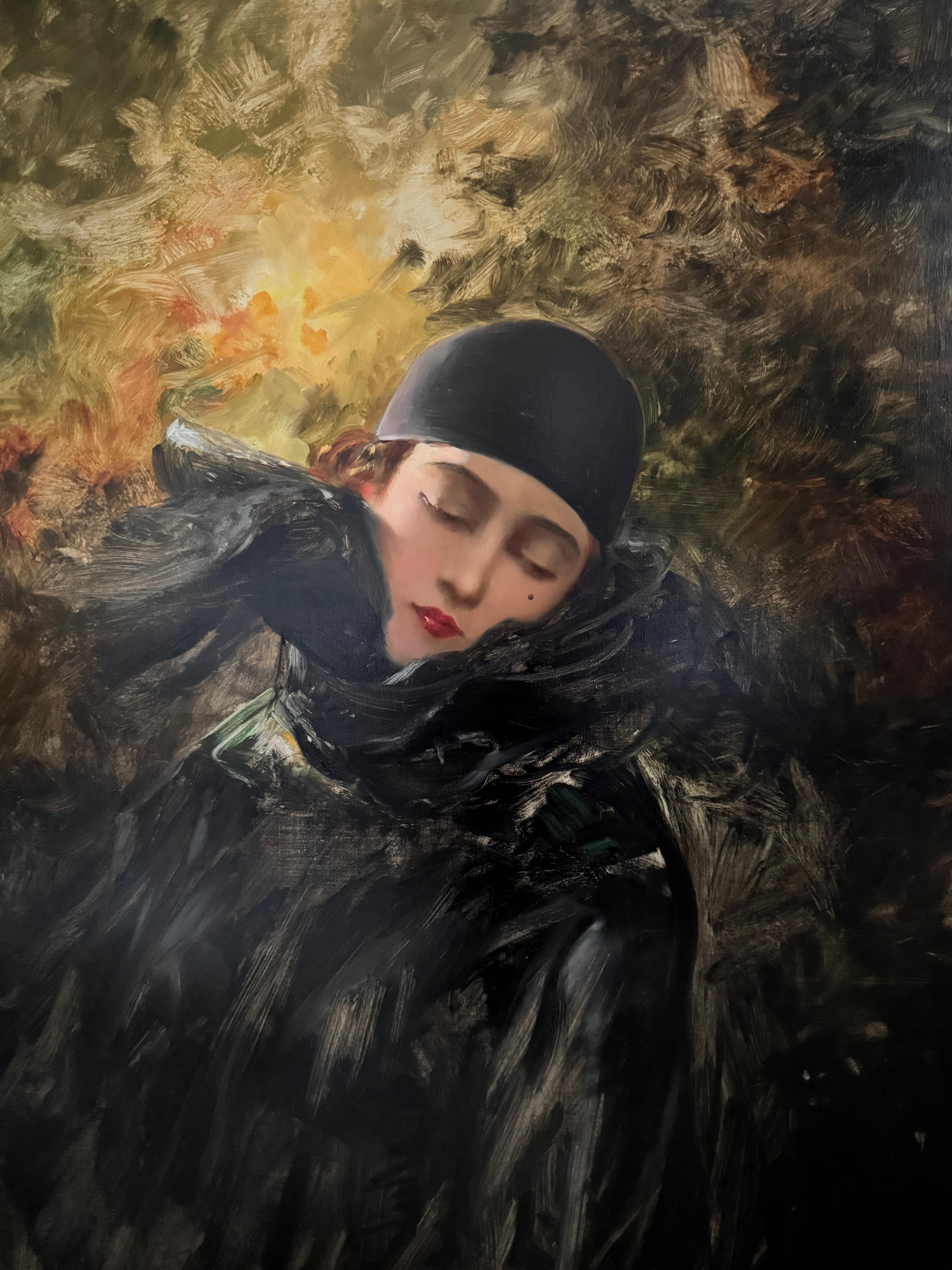Portrait of a Woman Dressed  with a Black Feather Cape circa 1936 Signed Barchi (Leinwand) im Angebot