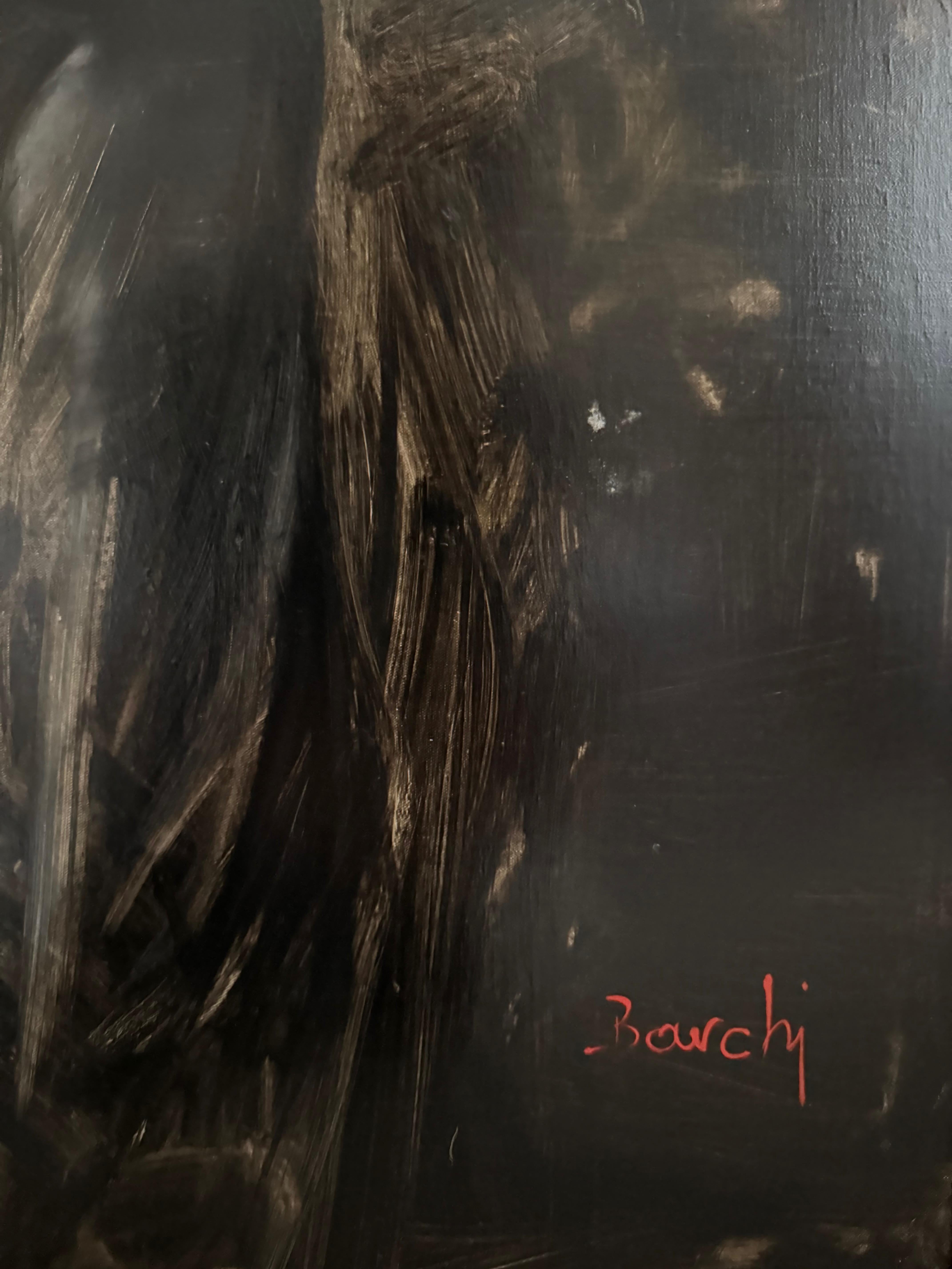 Portrait of a Woman Dressed  with a Black Feather Cape circa 1936 Signed Barchi im Angebot 2